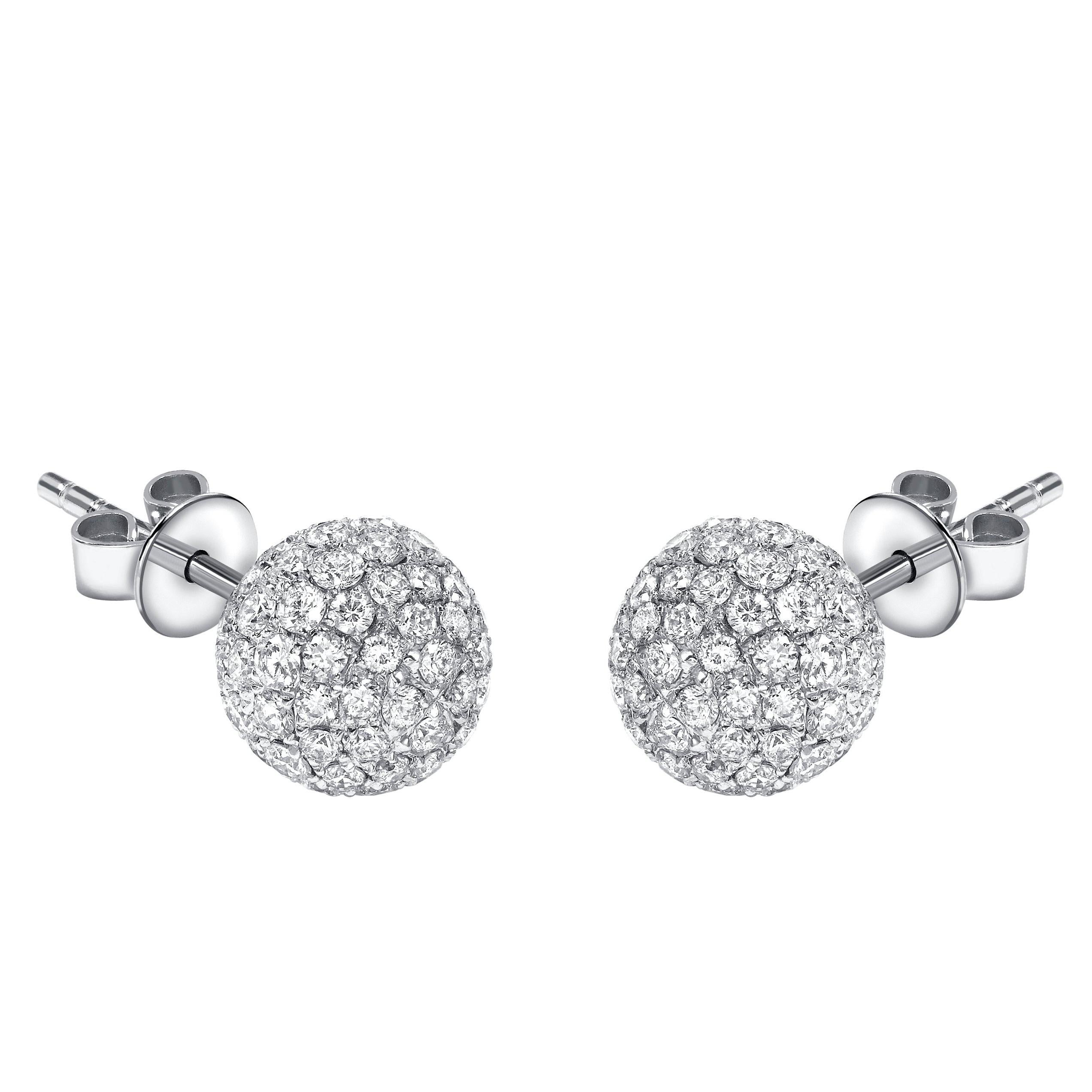 1.75 Carat Round Pave Set Diamond 18 KT White Gold Ball Stud Earrings 