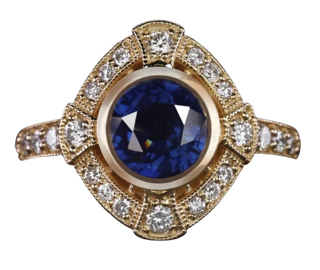 Round Cut 1.75 Carat Round Sapphire Diamond Art Deco Style Cocktail Halo Yellow Gold Ring  For Sale