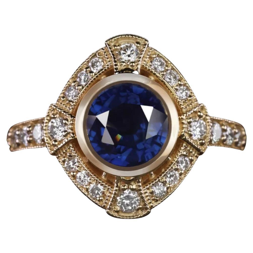 1.75 Carat Round Sapphire Diamond Art Deco Style Cocktail Halo Yellow Gold Ring  For Sale