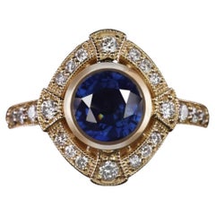 1.75 Carat Round Sapphire Diamond Art Deco Style Cocktail Halo Yellow Gold Ring 