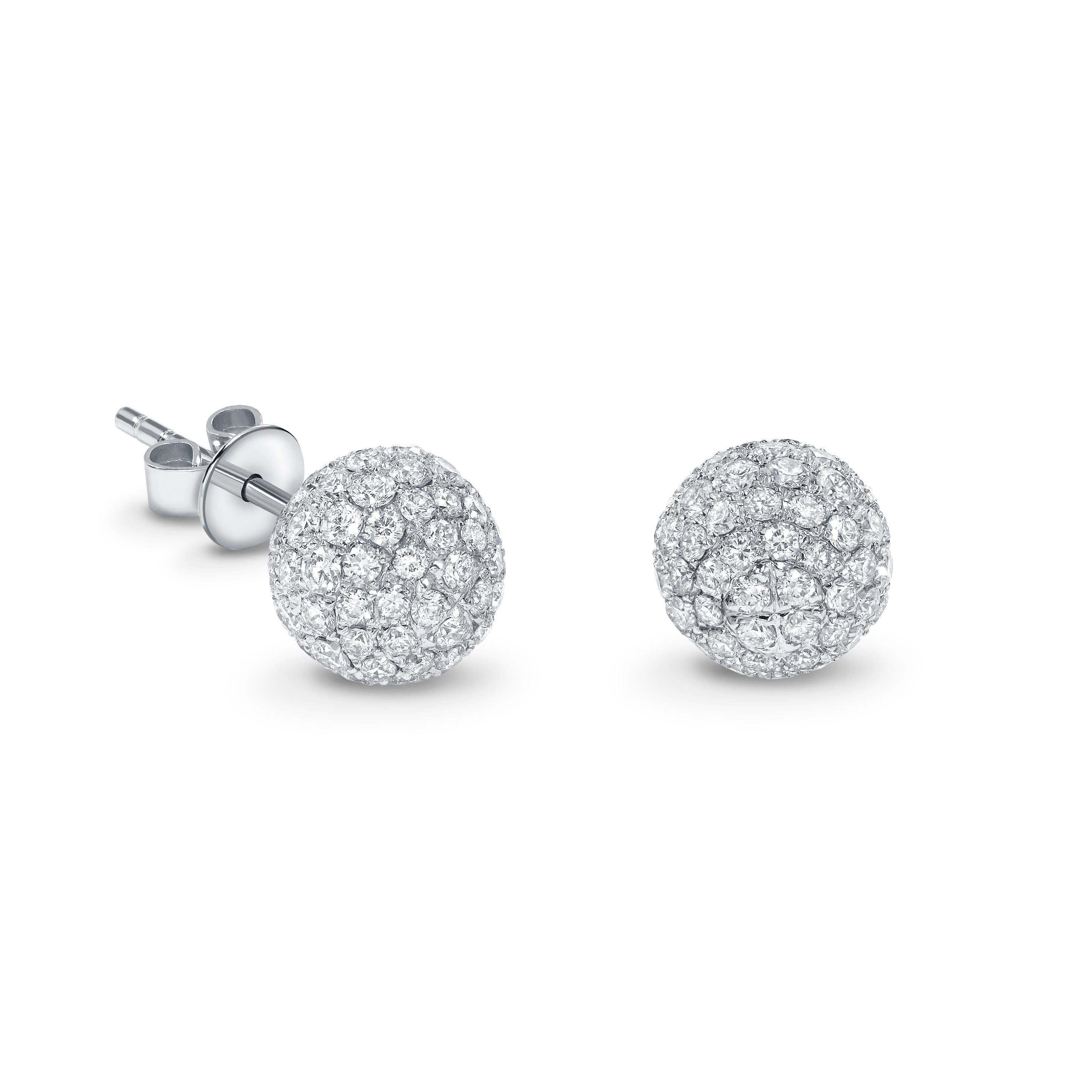 1.75 Carat Round Tresor Paris 8mm Diamond 18 Kt White Gold Ball Stud Earrings In New Condition For Sale In London, GB