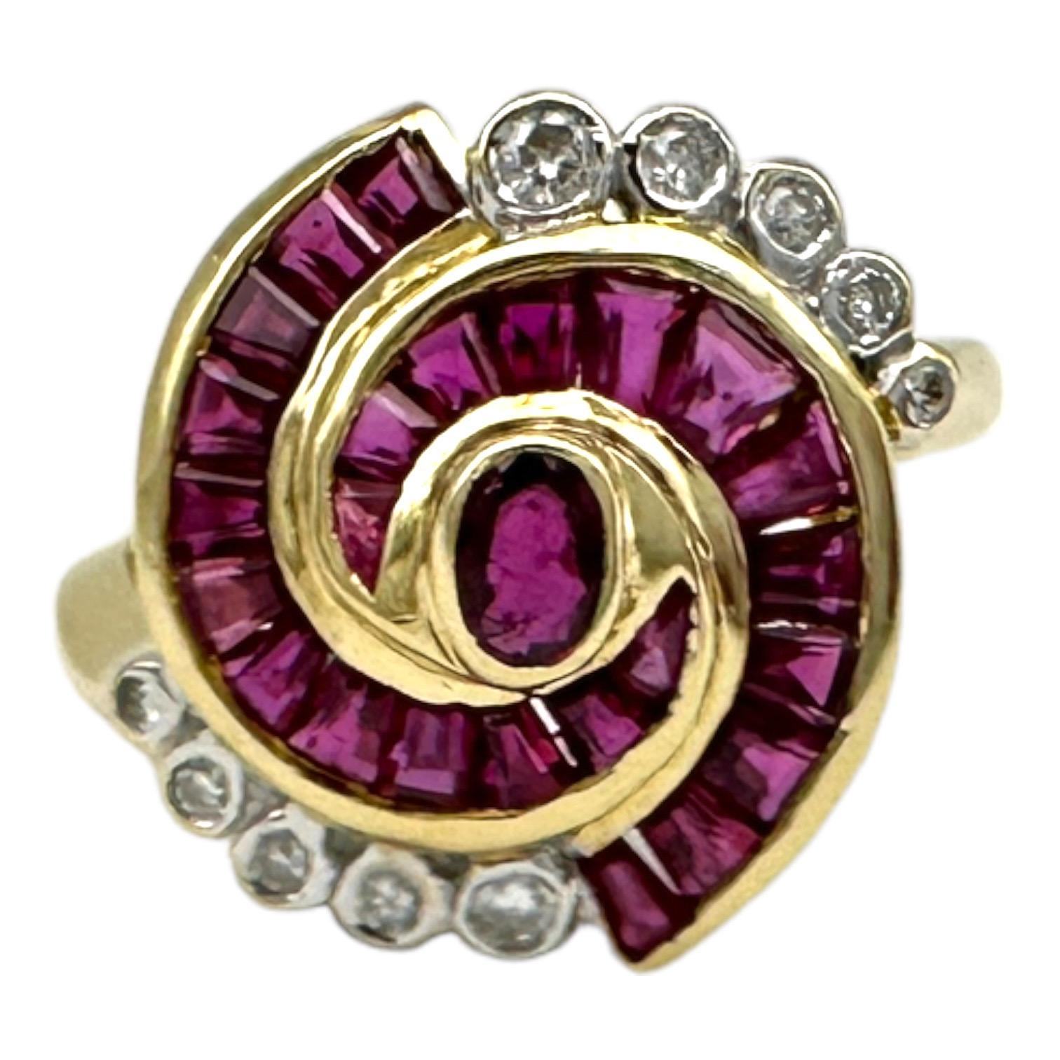 Baguette Cut 1.75 Carat Ruby & Diamond Cocktail Ring 14 Karat Yellow Gold For Sale