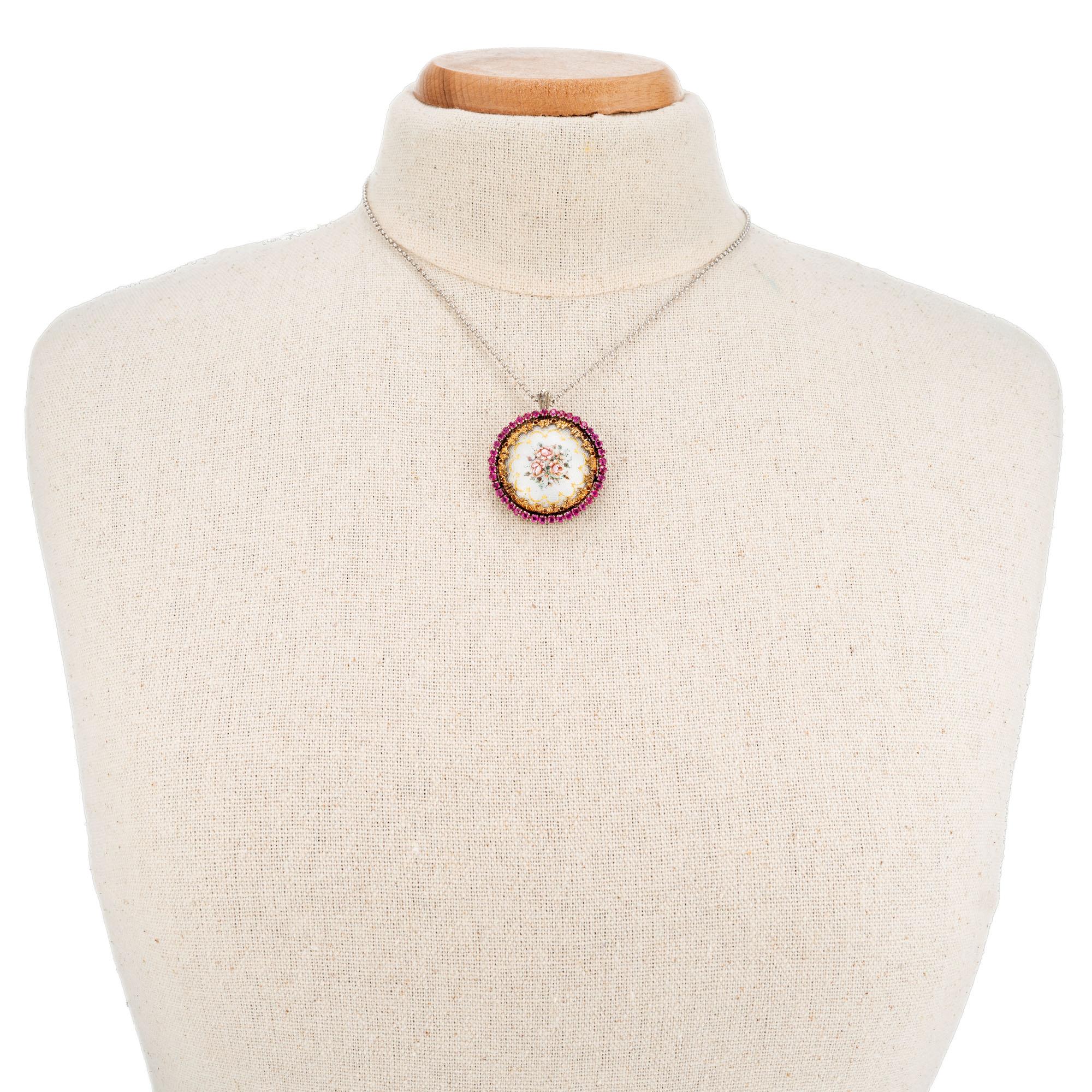 Women's 1.75 Carat Ruby Two-Tone Gold Flower Enamel Circle Brooch Pendant Necklace