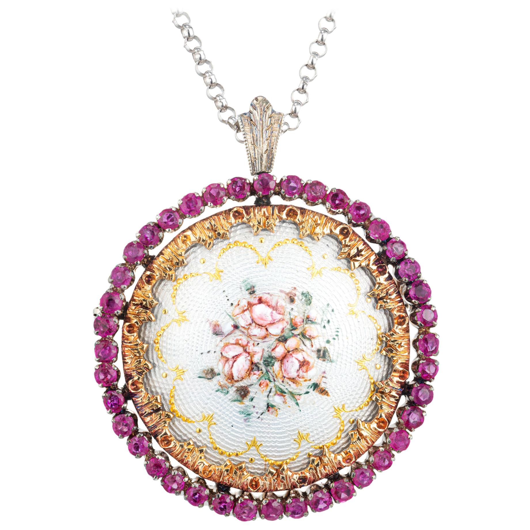 1.75 Carat Ruby Two-Tone Gold Flower Enamel Circle Brooch Pendant Necklace