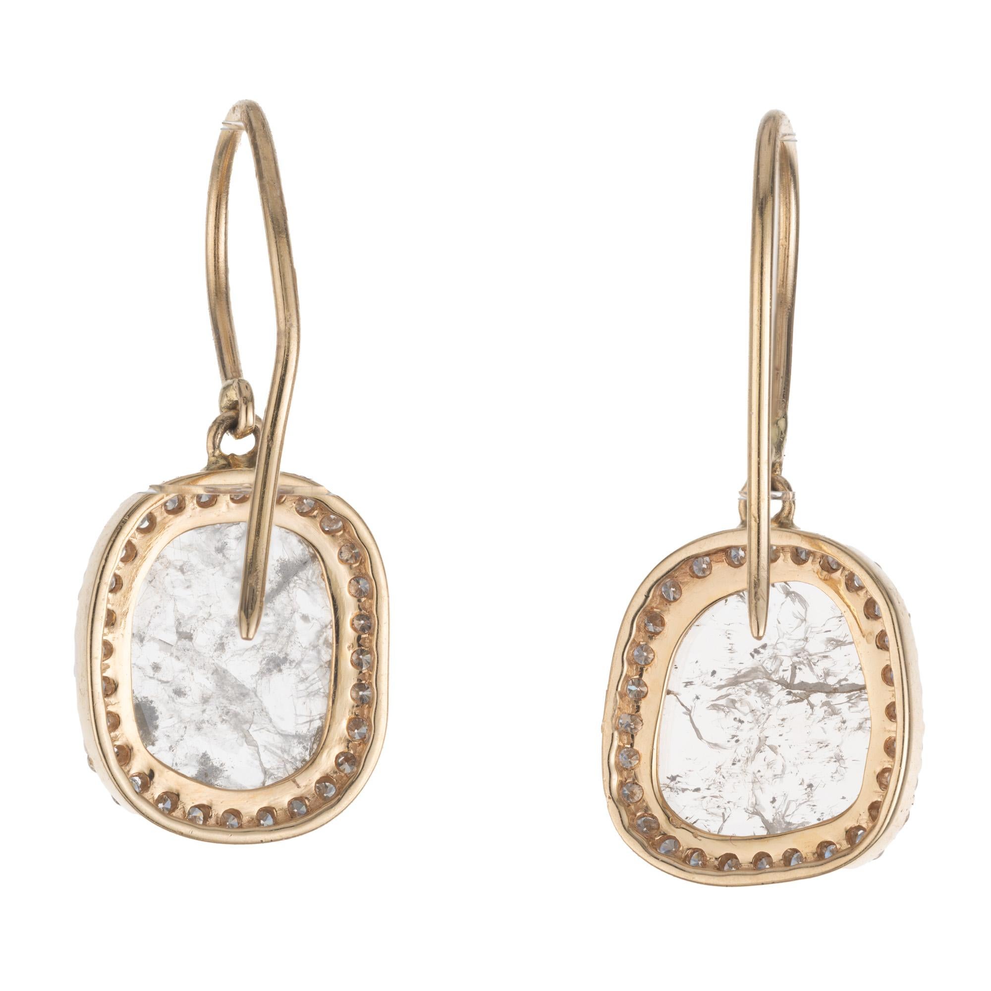 1.75 Carat Salt Pepper Diamond Halo Yellow Gold Dangle Earrings  In Excellent Condition For Sale In Stamford, CT