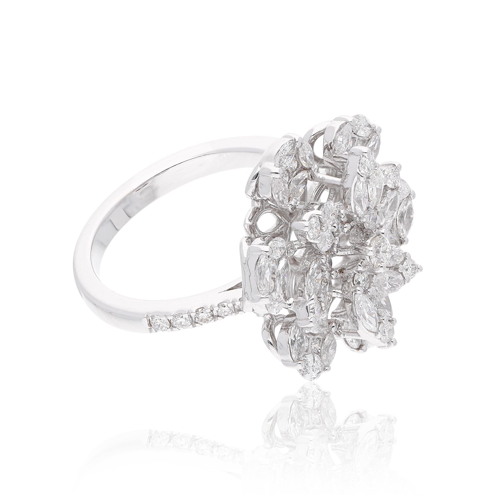 For Sale:  1.75 Carat SI/HI Marquise Round Diamond Flower Ring 18 Karat White Gold Jewelry 2