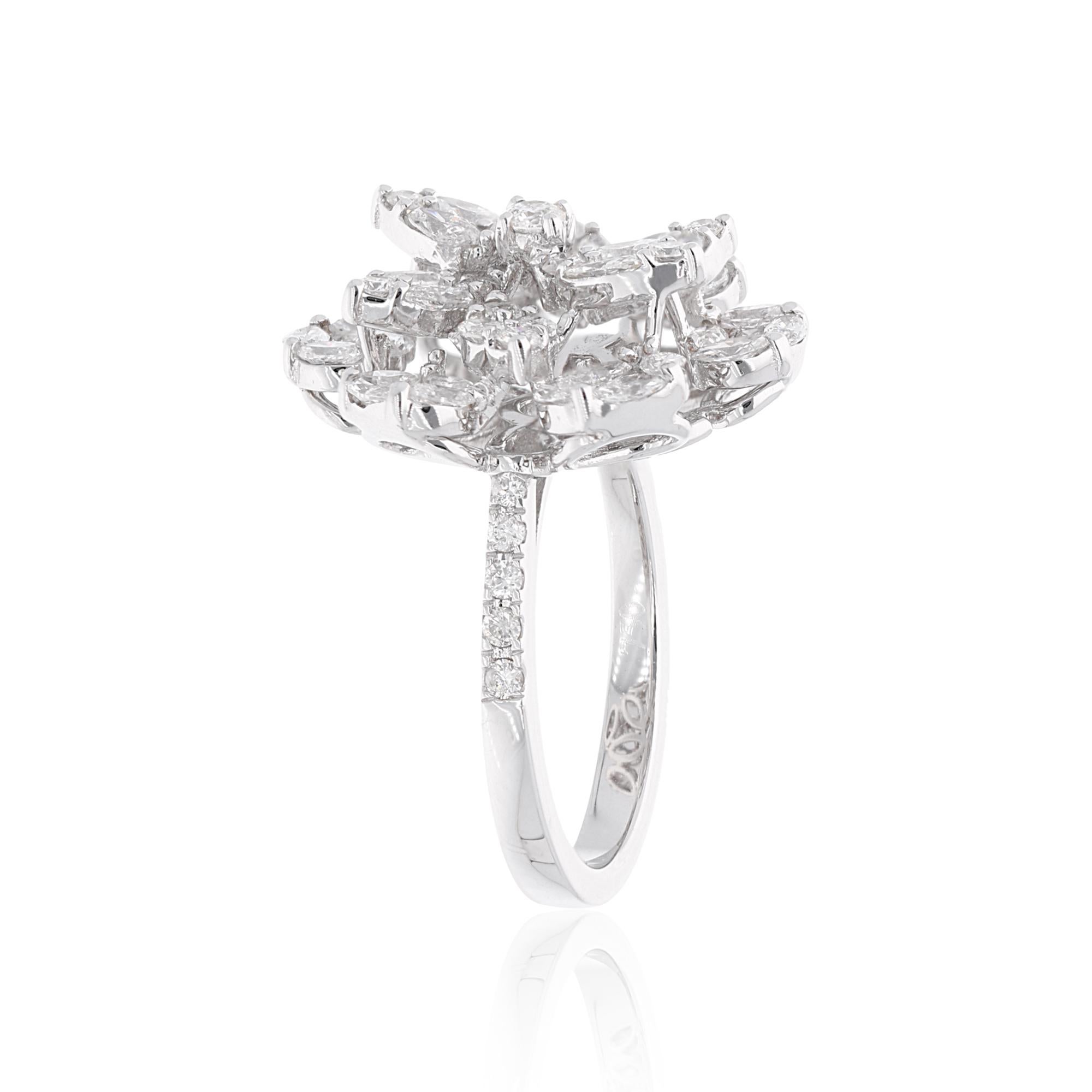 For Sale:  1.75 Carat SI/HI Marquise Round Diamond Flower Ring 18 Karat White Gold Jewelry 3