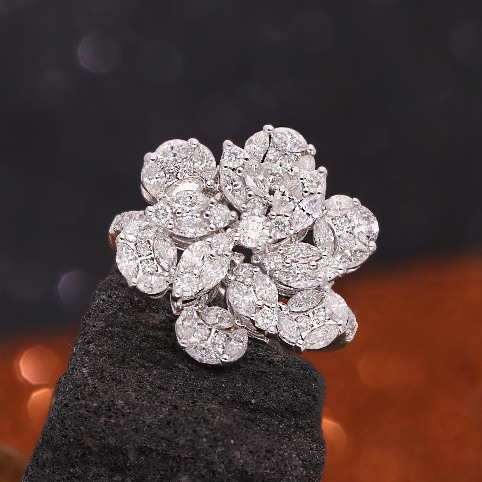 For Sale:  1.75 Carat SI/HI Marquise Round Diamond Flower Ring 18 Karat White Gold Jewelry 5