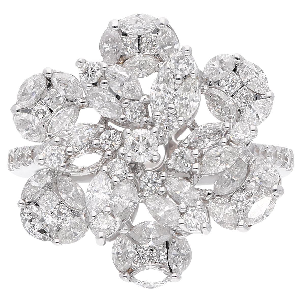 For Sale:  1.75 Carat SI/HI Marquise Round Diamond Flower Ring 18 Karat White Gold Jewelry