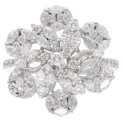 Anillo Flor Diamante Redondo Marquesa SI/HI de 1,75 Quilates Joyas de Oro Blanco de 18 Kilates