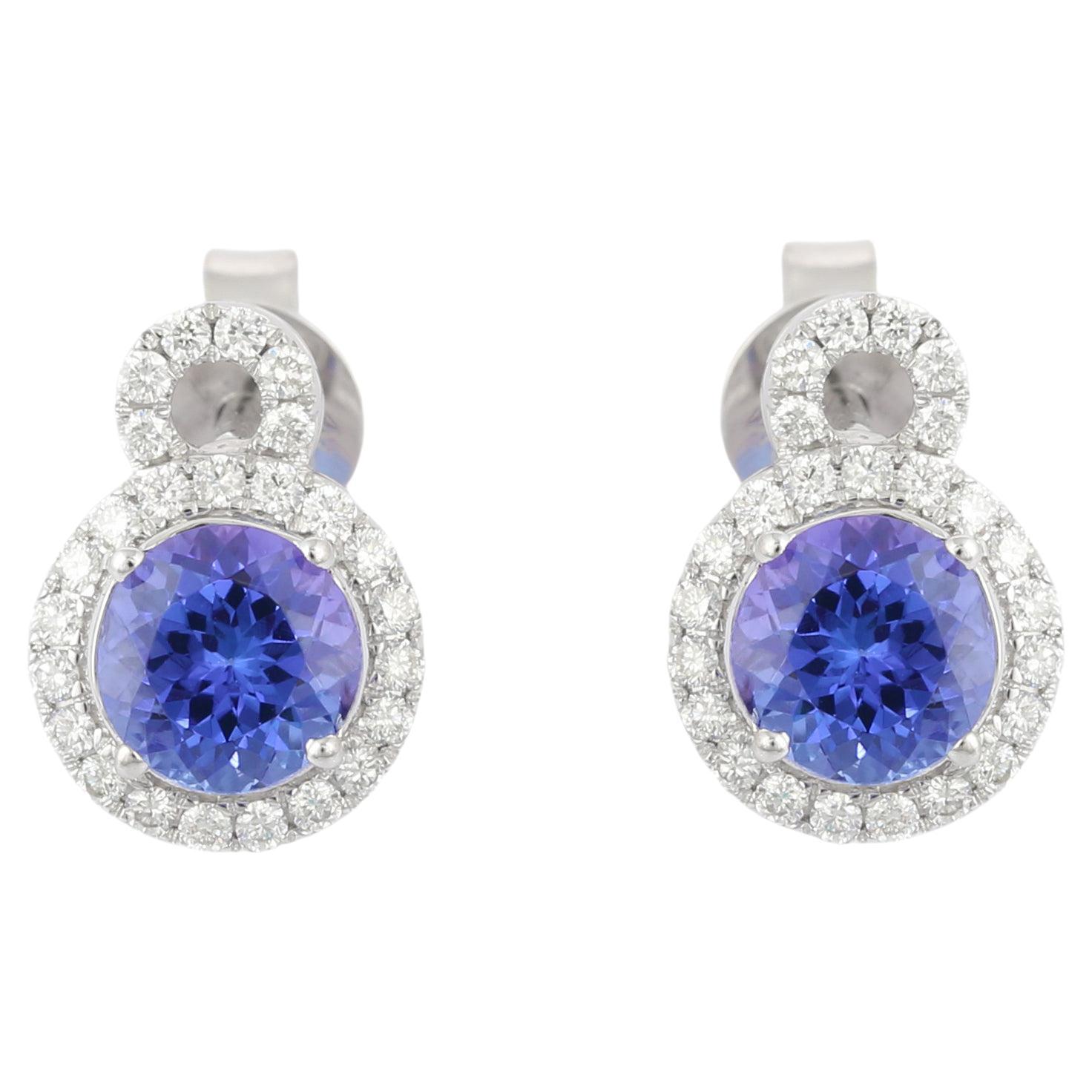 1.75 Carat Tanzanite Stud Earrings with Fine Diamonds in 18K White Gold For Sale