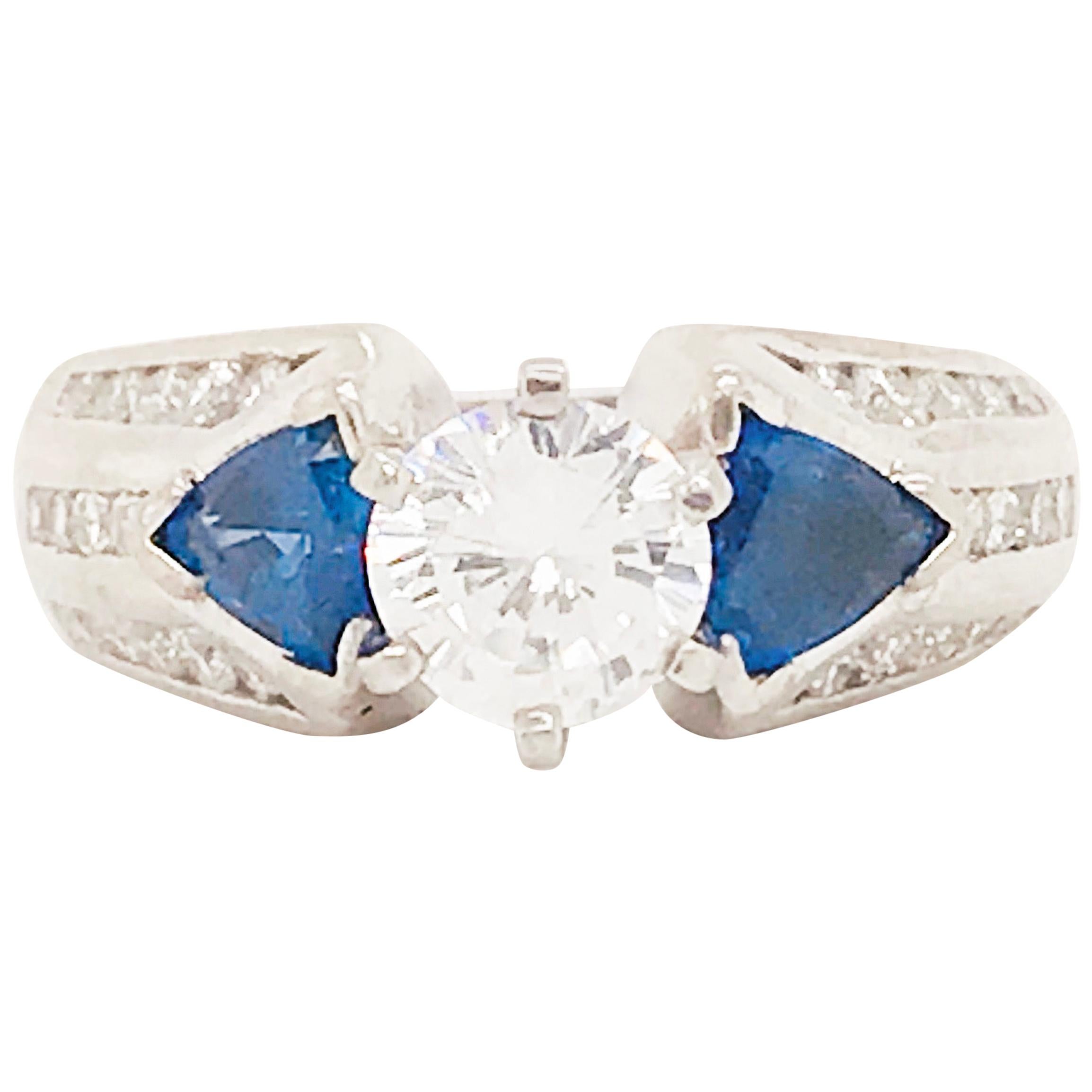 1,75 Karat Dreistein-Diamant und blauer Saphir Ring 14 Karat Weißgold im Angebot