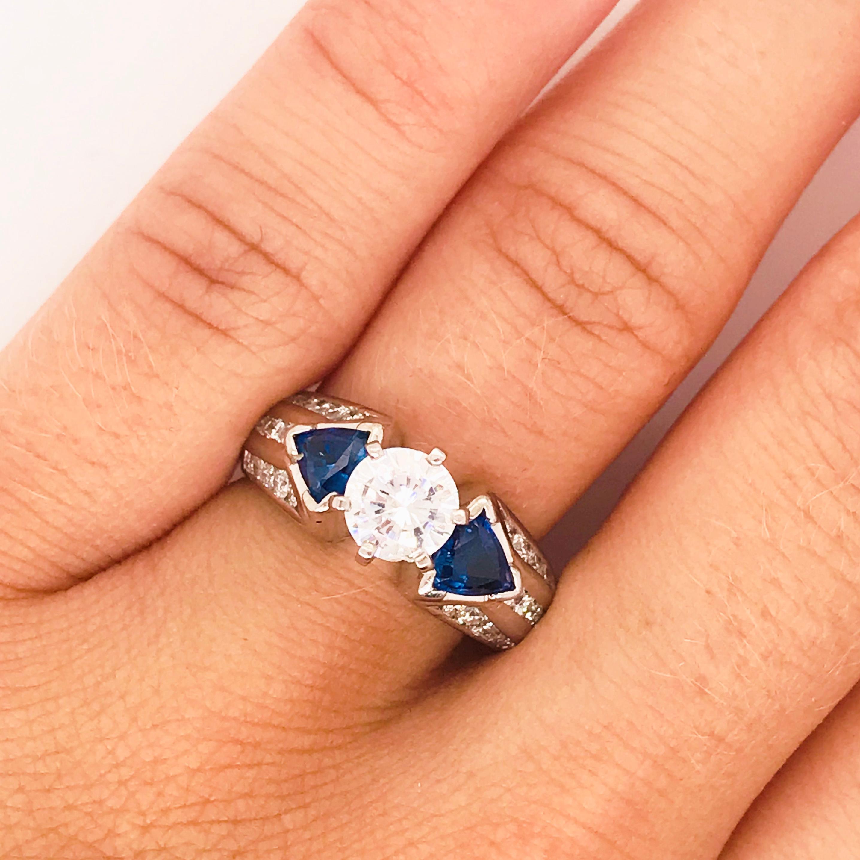 Trillion Cut 1.75 Carat Three-Stone Diamond and Blue Sapphire Ring 14 Karat White Gold For Sale