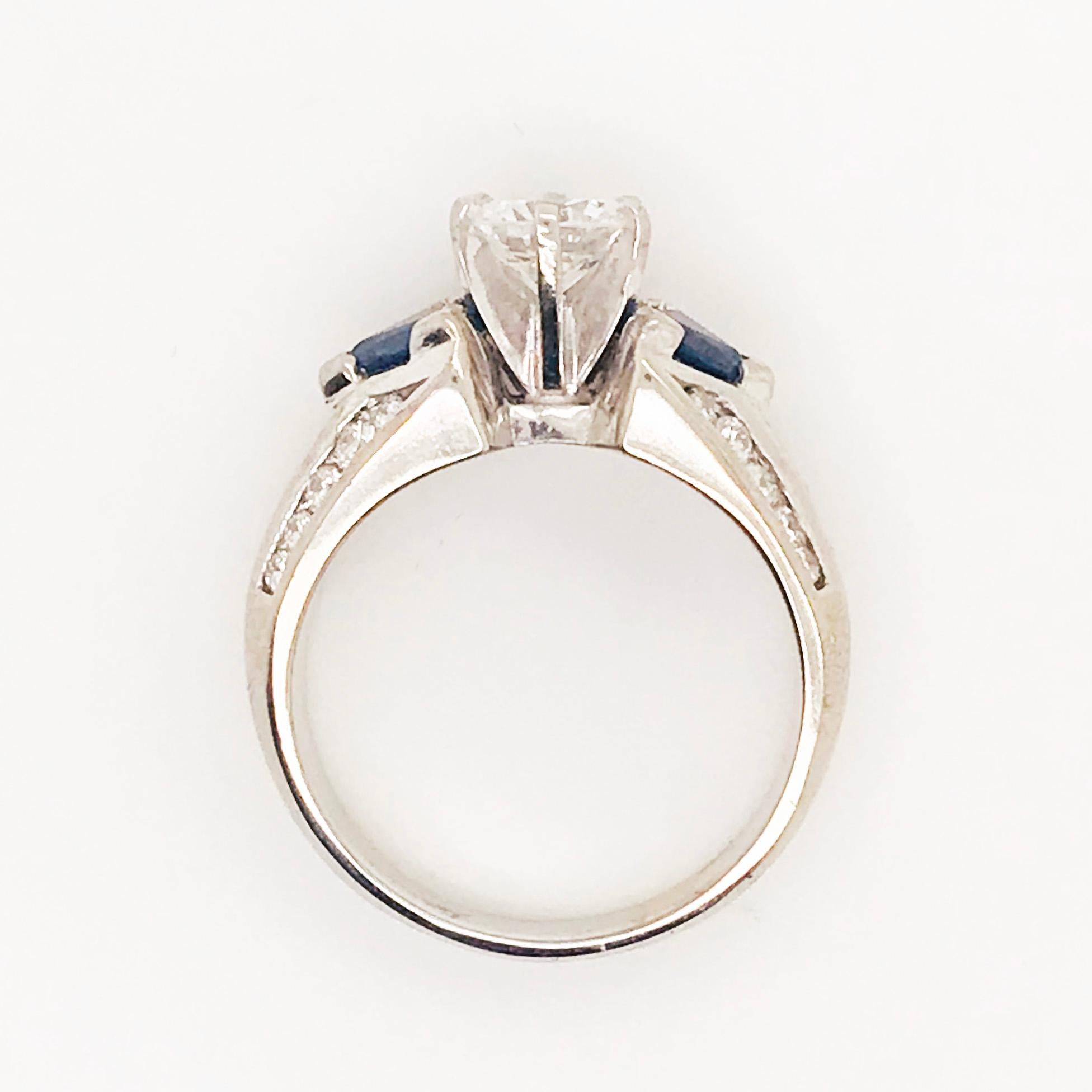 Women's 1.75 Carat Three-Stone Diamond and Blue Sapphire Ring 14 Karat White Gold For Sale