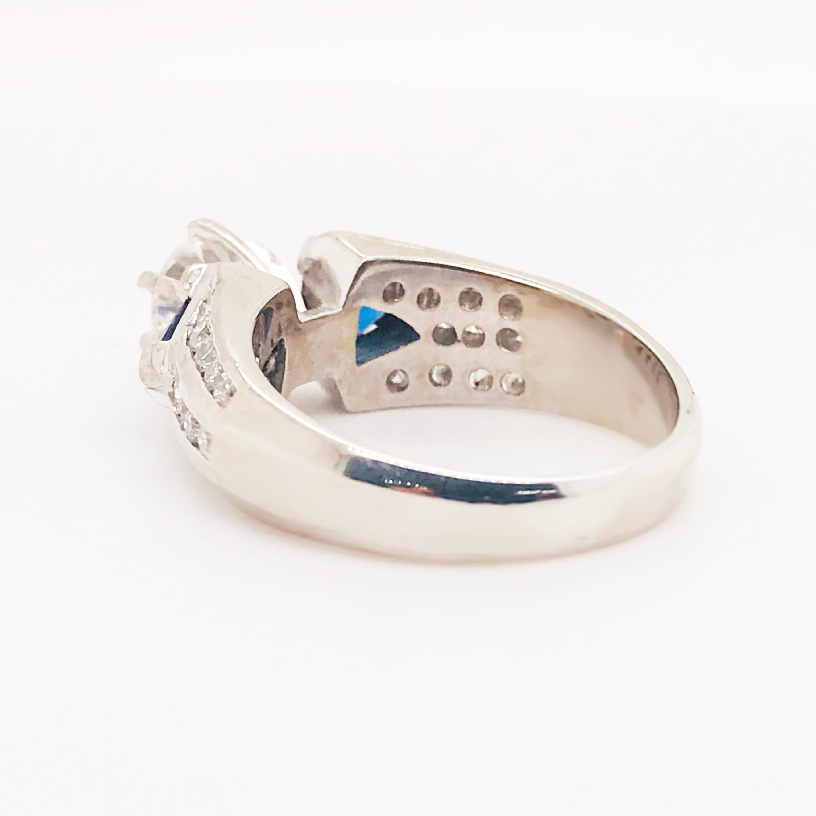 1.75 Carat Three-Stone Diamond and Blue Sapphire Ring 14 Karat White Gold For Sale 1