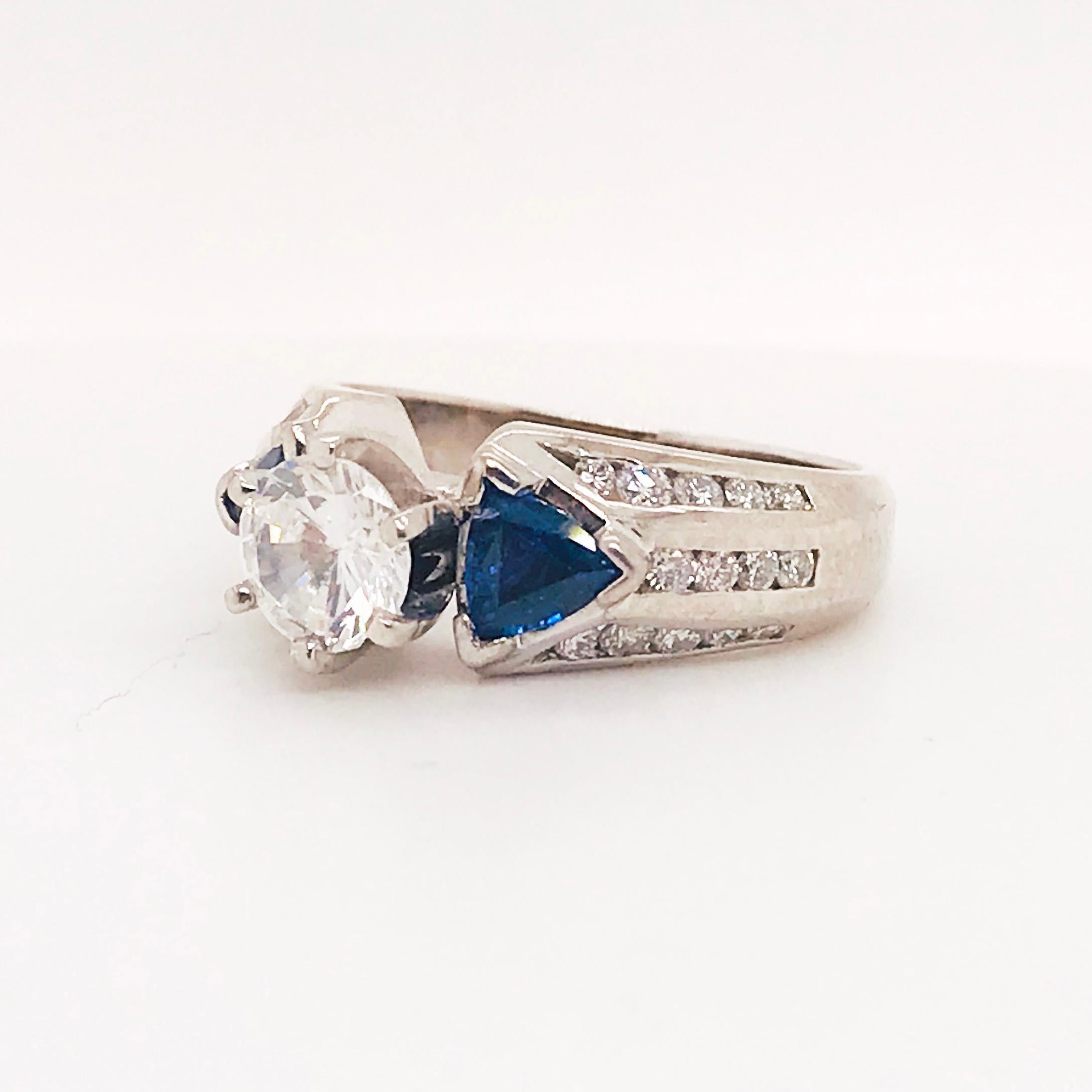 1.75 Carat Three-Stone Diamond and Blue Sapphire Ring 14 Karat White Gold For Sale 2
