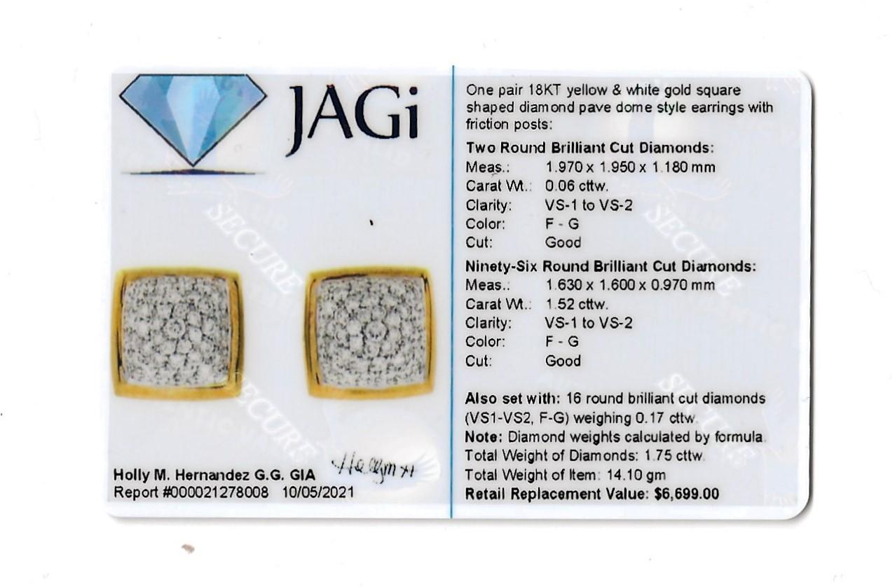 1.75 Carat Total Diamond Pave Dome Square Stud Earrings Two-Tone 18 Karat Gold For Sale 8