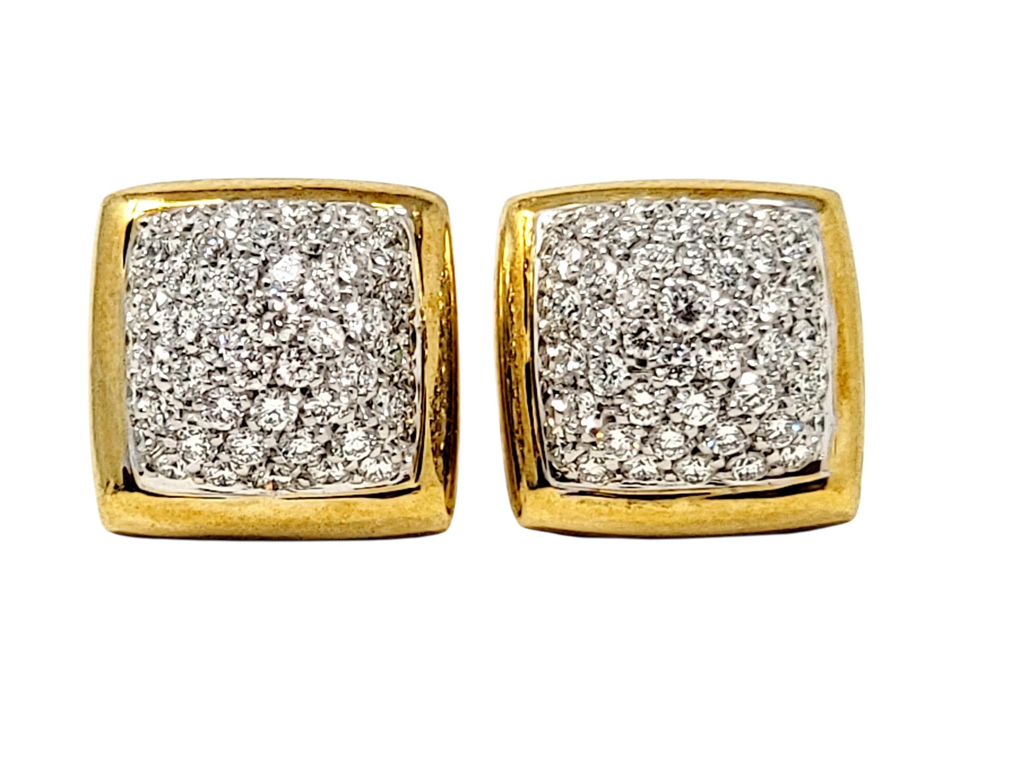 Contemporary 1.75 Carat Total Diamond Pave Dome Square Stud Earrings Two-Tone 18 Karat Gold For Sale