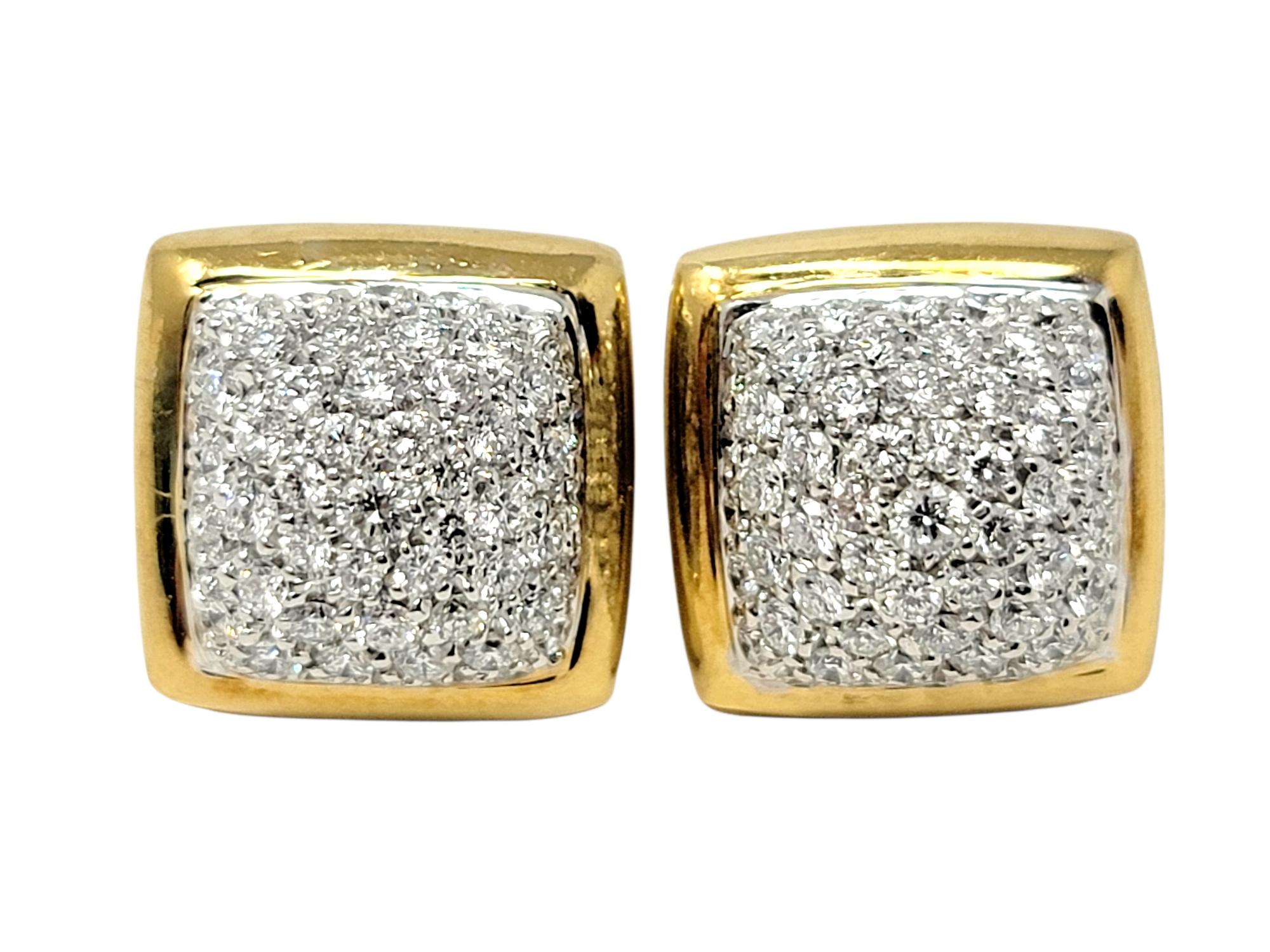 Round Cut 1.75 Carat Total Diamond Pave Dome Square Stud Earrings Two-Tone 18 Karat Gold For Sale