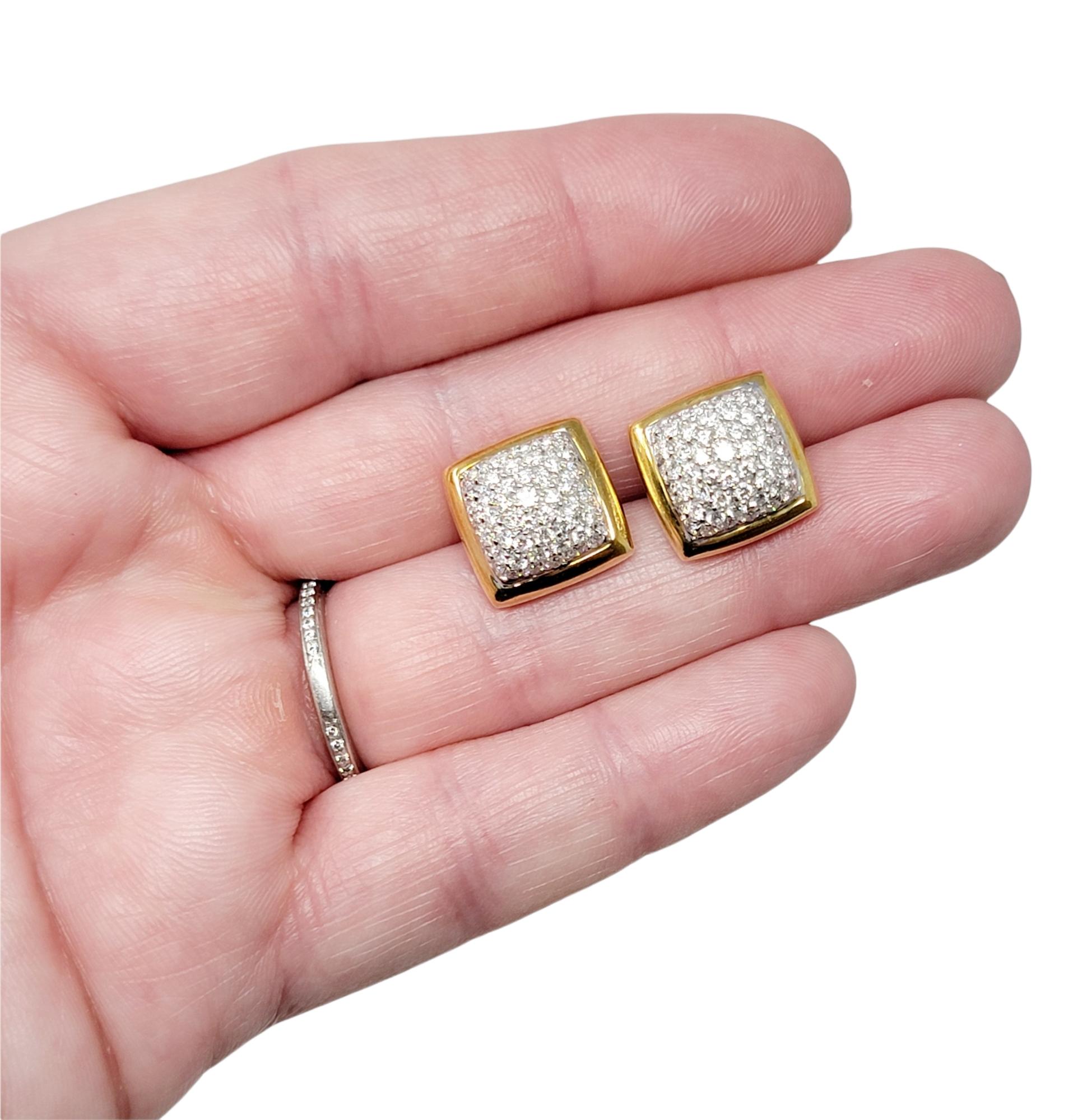 1.75 Carat Total Diamond Pave Dome Square Stud Earrings Two-Tone 18 Karat Gold In Good Condition For Sale In Scottsdale, AZ