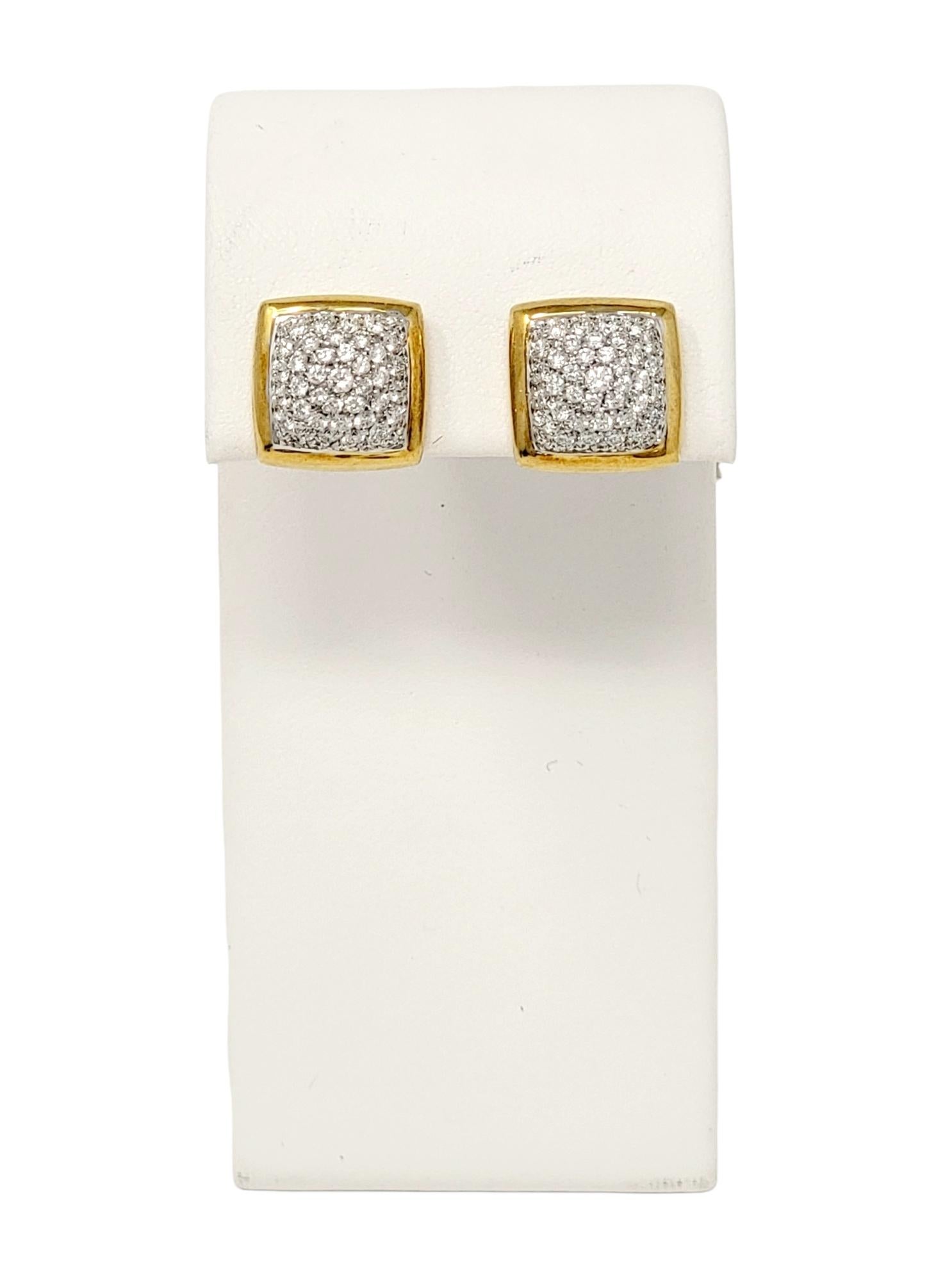 1.75 Carat Total Diamond Pave Dome Square Stud Earrings Two-Tone 18 Karat Gold For Sale 1
