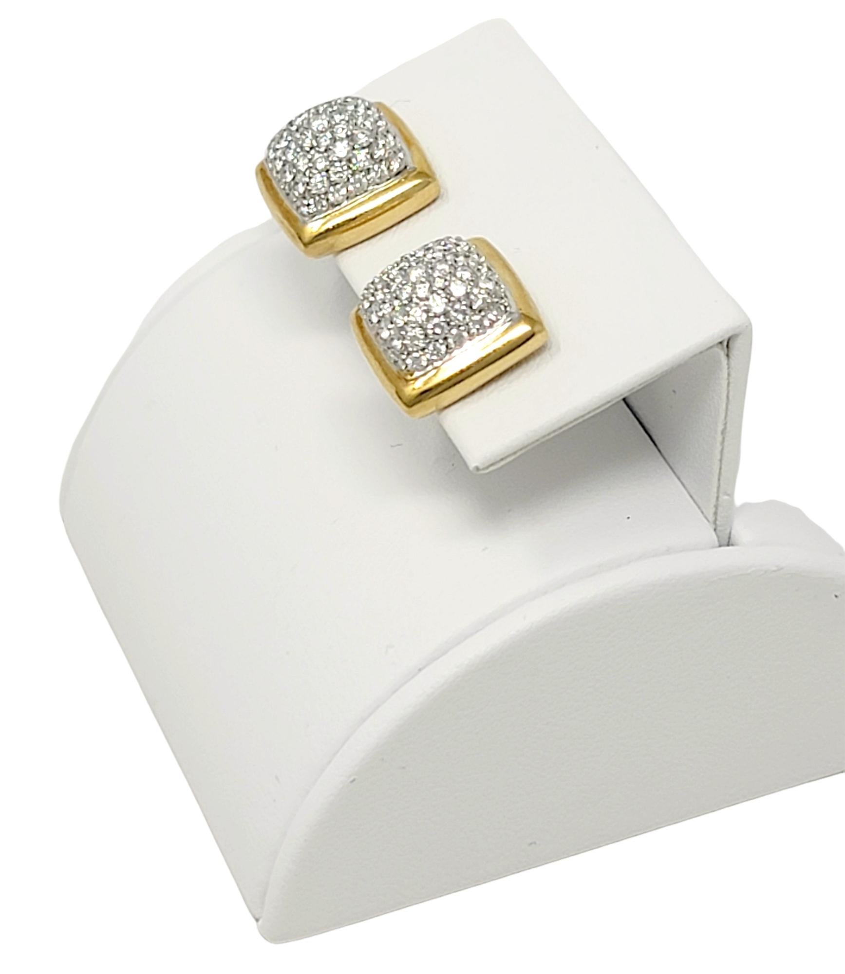 1.75 Carat Total Diamond Pave Dome Square Stud Earrings Two-Tone 18 Karat Gold For Sale 2