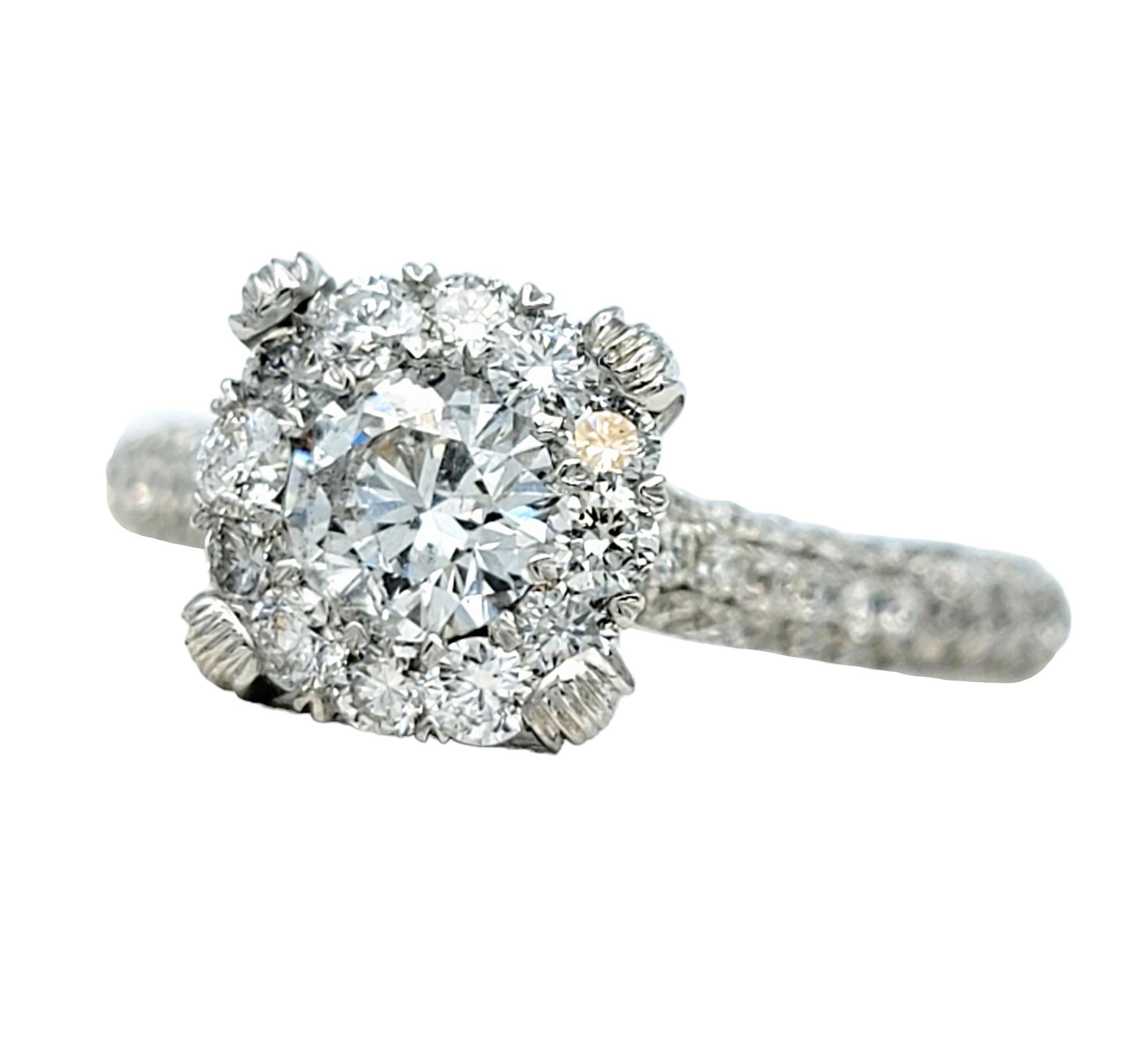 Contemporary 1.75 Carat Total Round Diamond Illusion Halo Engagement Ring 14 Karat White Gold For Sale