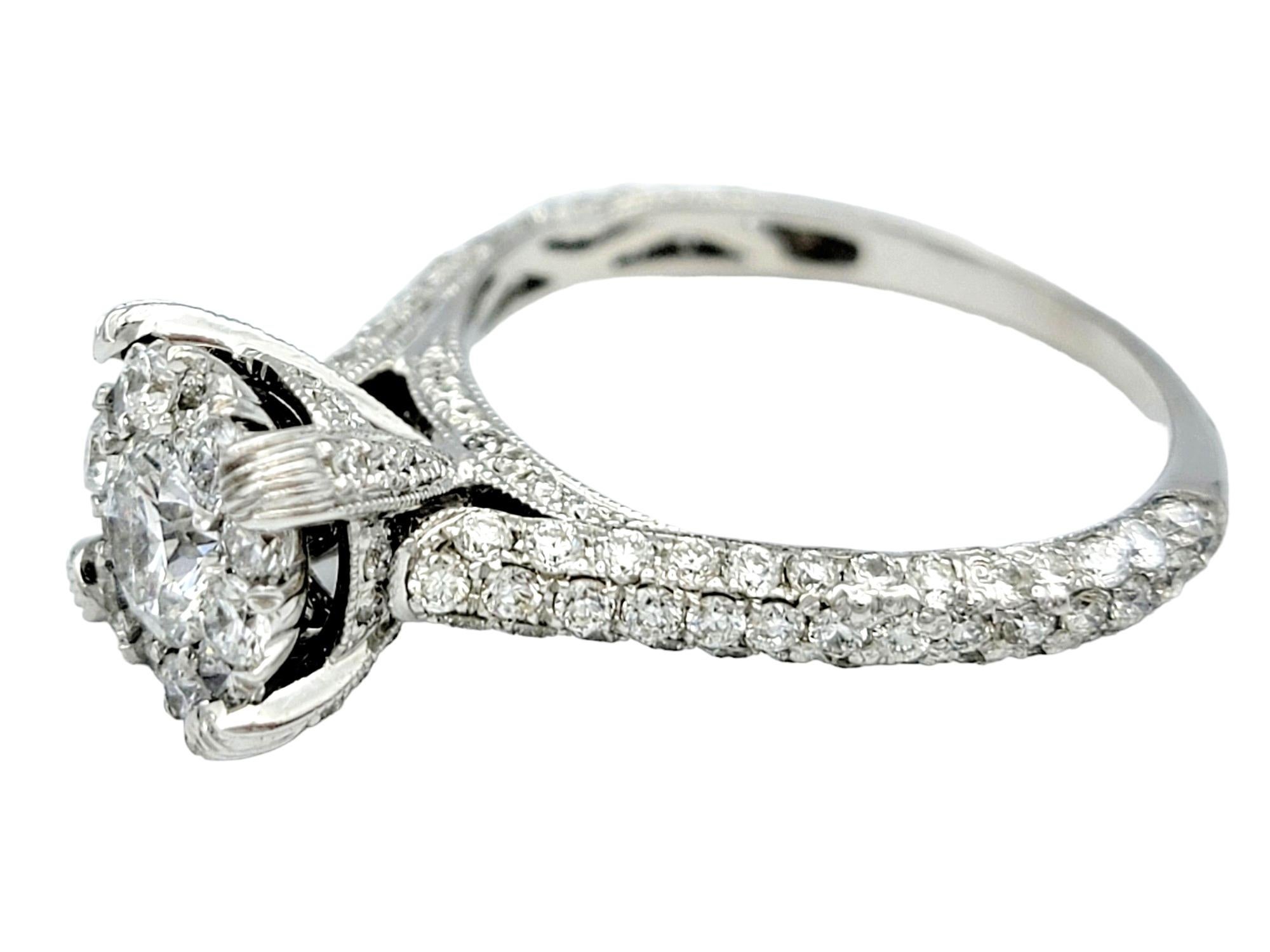 Round Cut 1.75 Carat Total Round Diamond Illusion Halo Engagement Ring 14 Karat White Gold For Sale