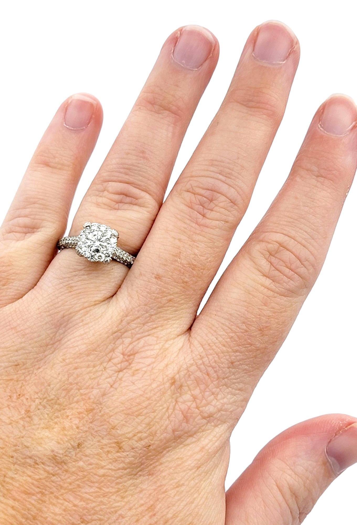 1.75 Carat Total Round Diamond Illusion Halo Engagement Ring 14 Karat White Gold For Sale 1