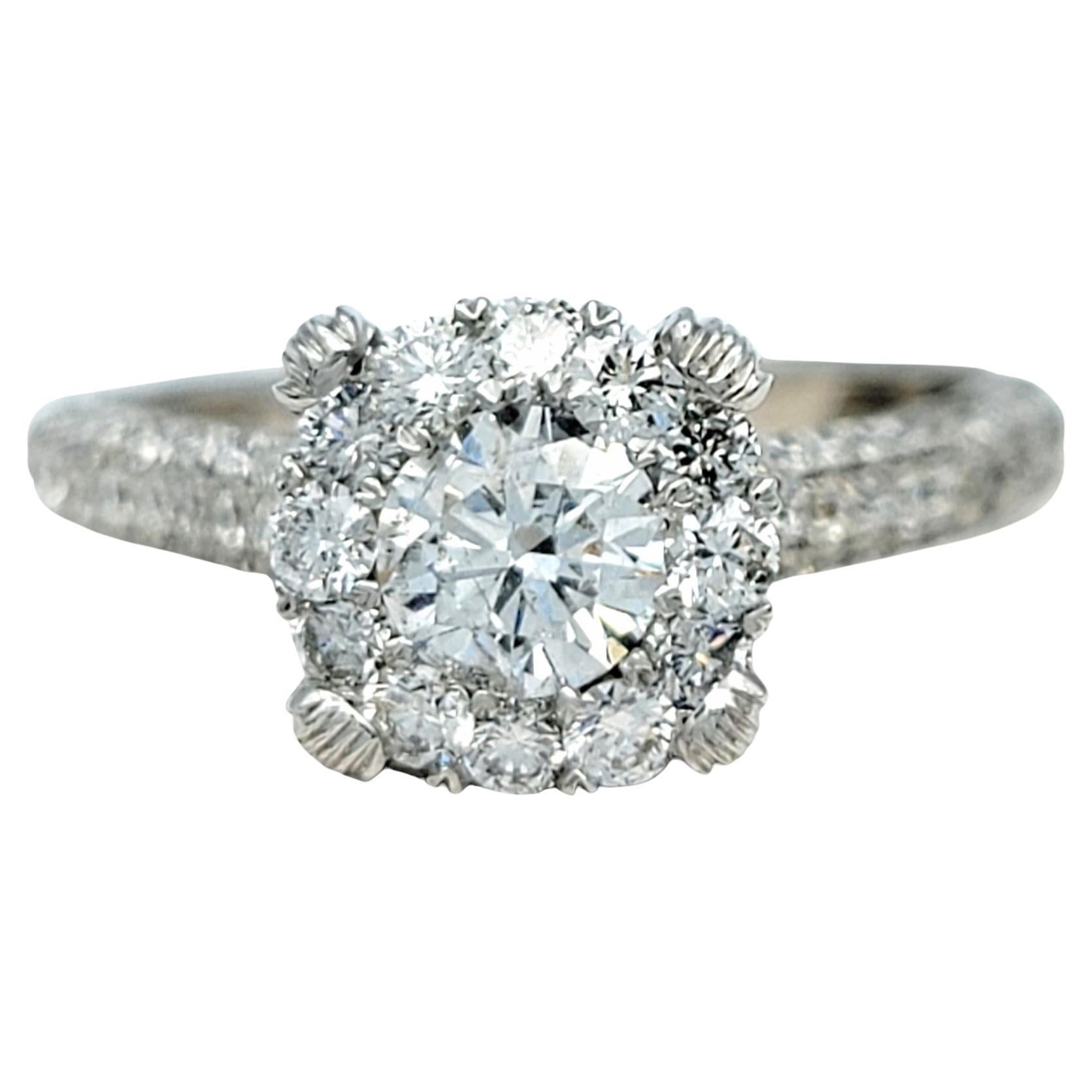 1.75 Carat Total Round Diamond Illusion Halo Engagement Ring 14 Karat White Gold For Sale