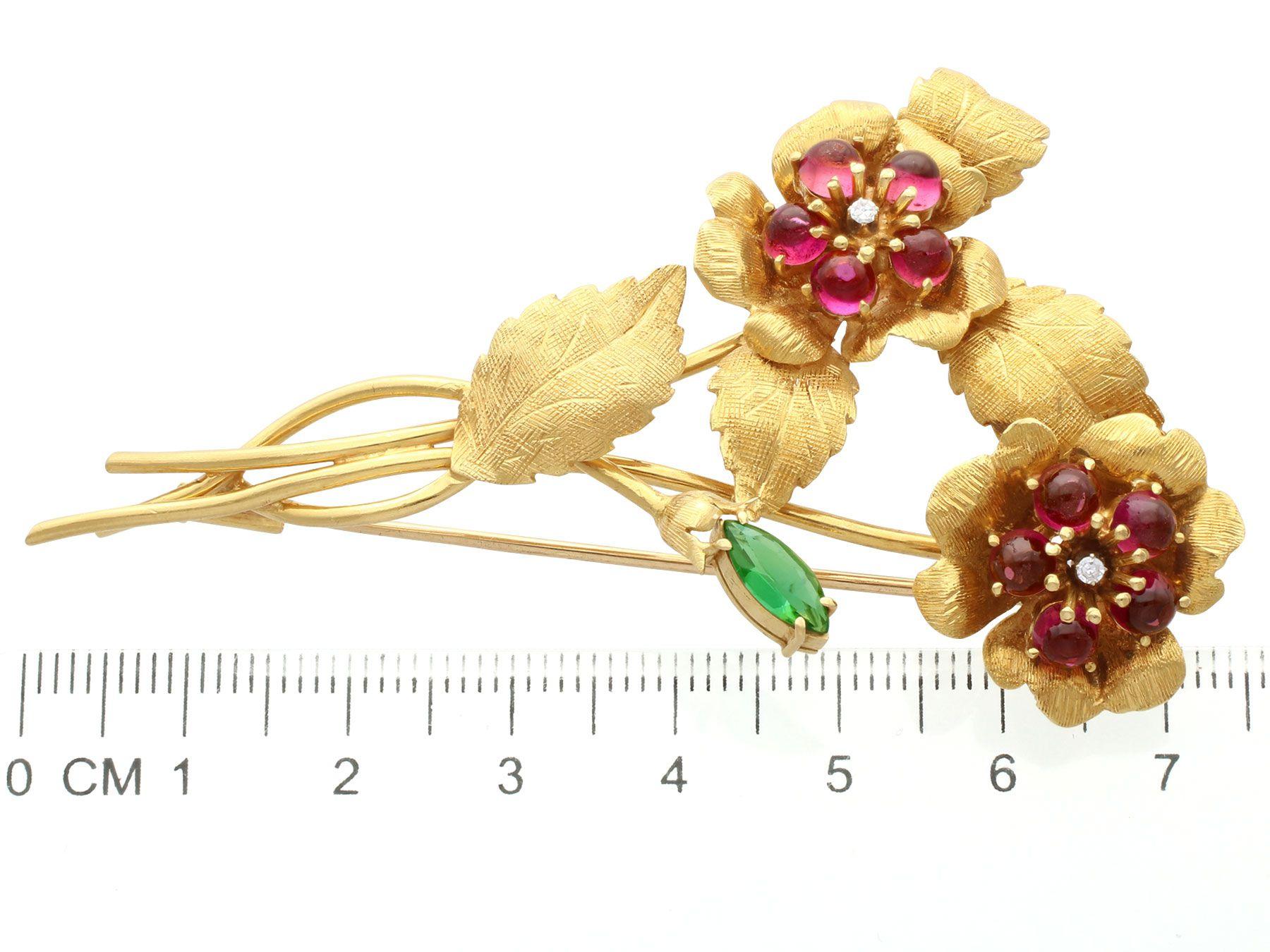 Vintage Liberty 1.75 Carat Tourmaline and Diamond Yellow Gold Brooch For Sale 1