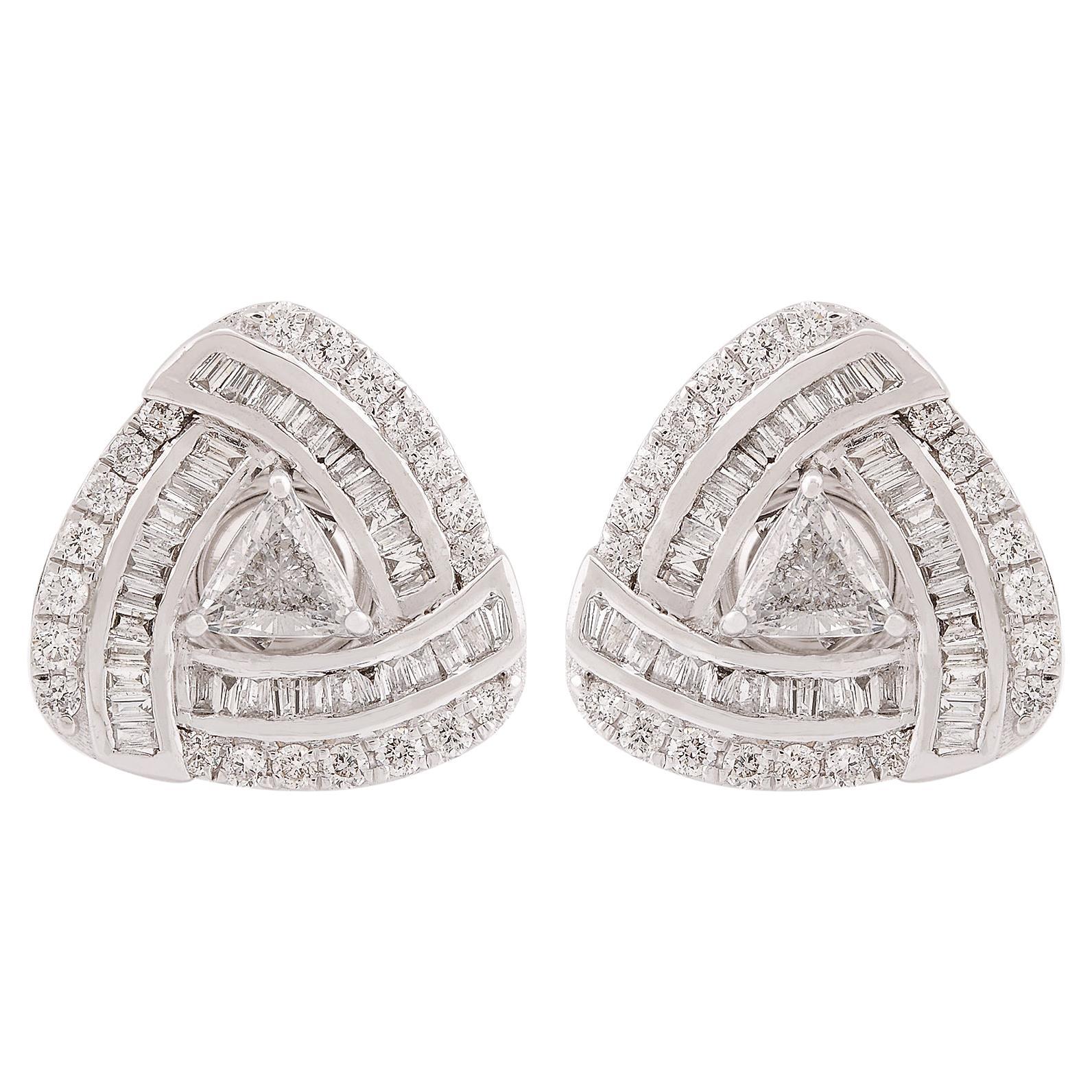 1.75 Carat Trillion Baguette & Round Diamond Stud Earrings 18 Karat White Gold
