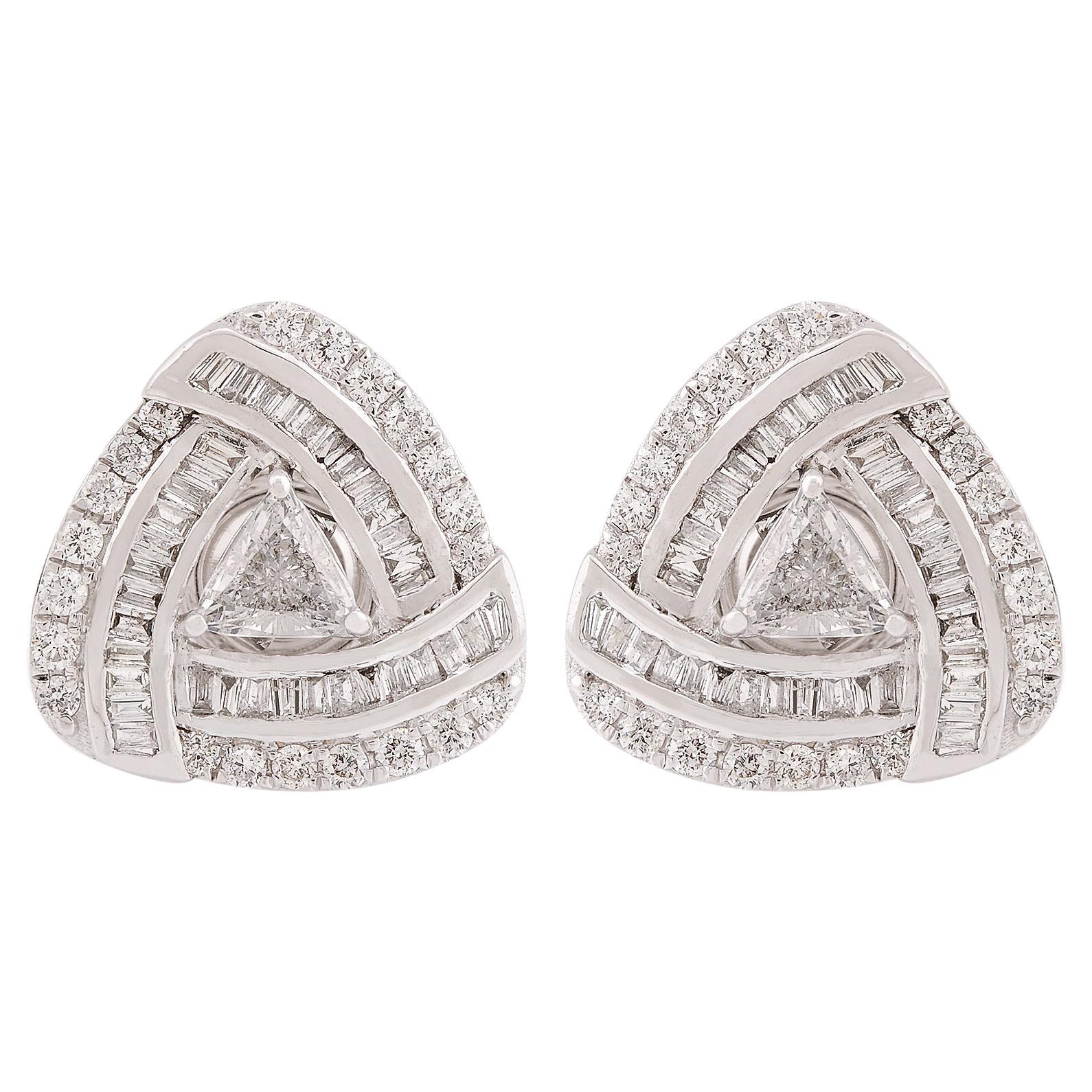 1.75 Carat Trillion Baguette 
Round Diamond Stud Earrings 18 Karat White Gold For Sale