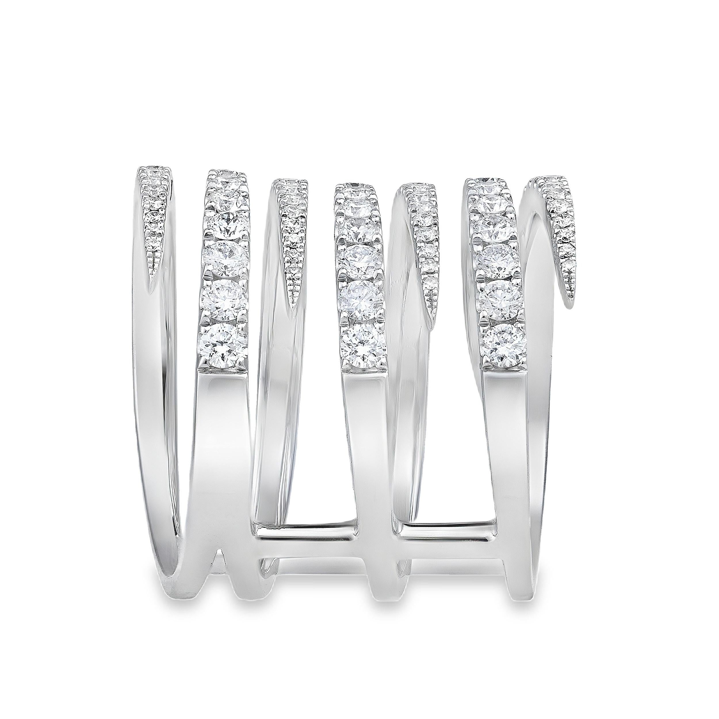 Ein wunderschöner Modering mit dreifachem Wirbeldesign, besetzt mit 119 Diamanten im Rundschliff von insgesamt 1,75 Karat. Fachmännisch gefertigt aus 18 Karat Weißgold. Ring Größe 6,5 US.

Roman Malakov ist ein Unternehmen, das sich darauf