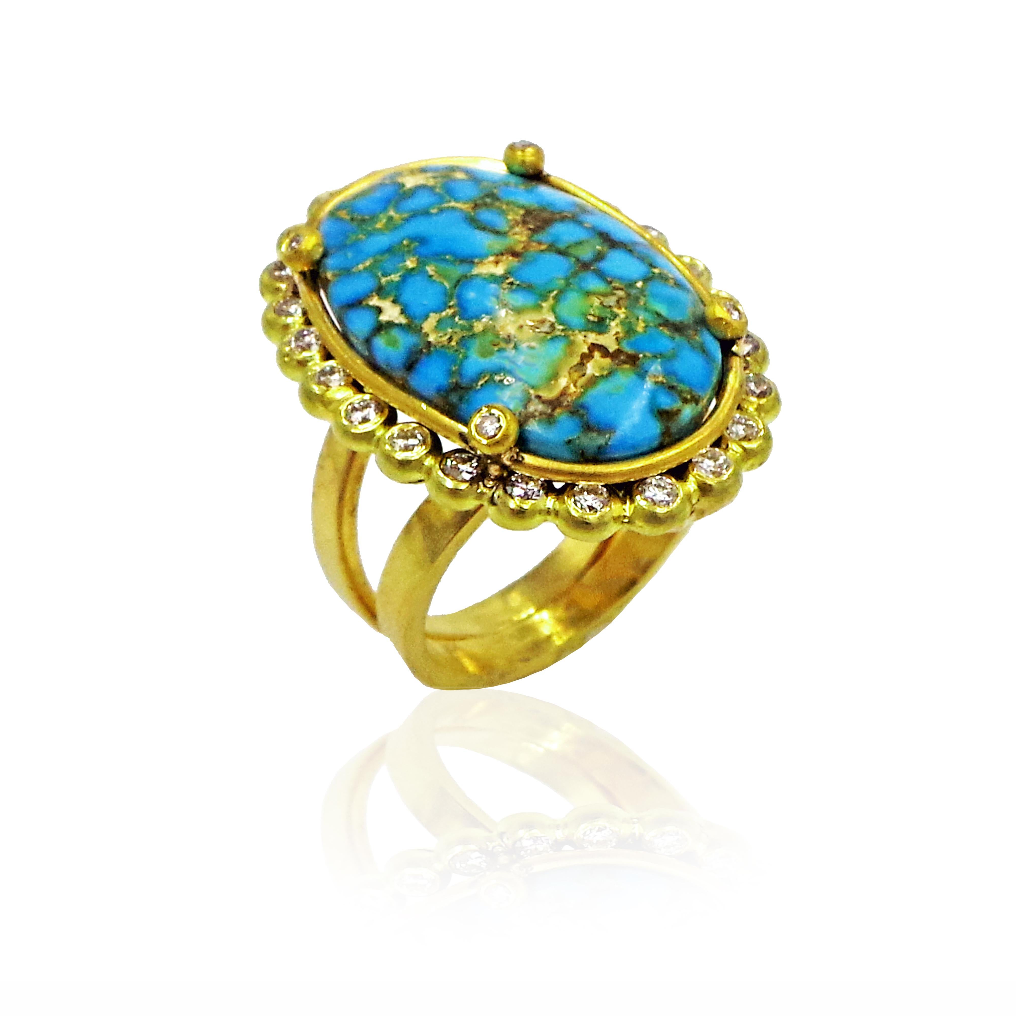 Beautiful, gem grade 17.5 carat Turquoise Mountain turquoise gemstone (Arizona, USA) surrounded with Diamond halo and prongs (0.54 carat total weight, SI1 clarity, G-H color). Ring setting is hand-forged 22k yellow gold, weighing 9.85 grams. Size