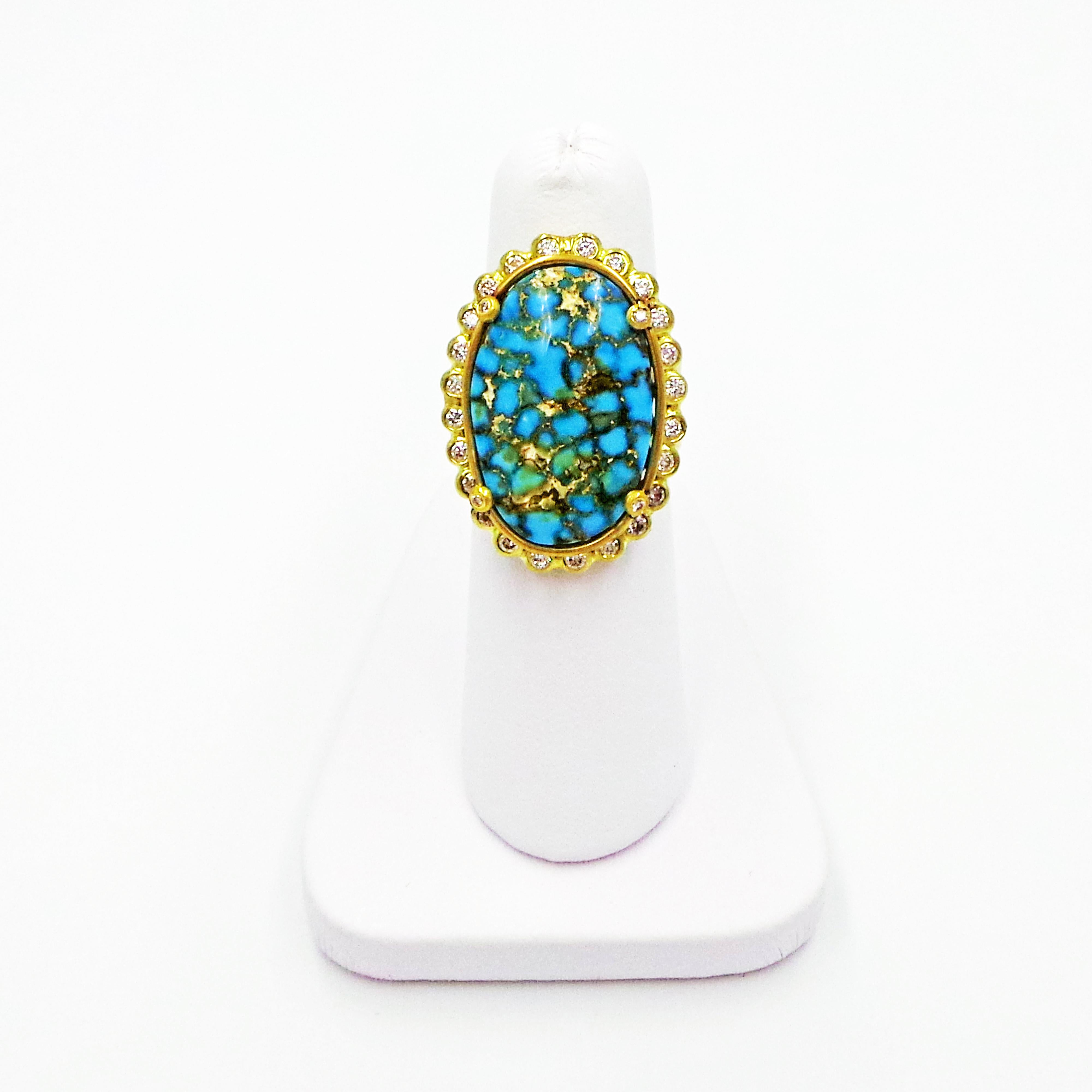 17.5 Carat Turquoise Mountain Gem and Diamond Halo Hand-Forged 22k Gold Ring In New Condition In Naples, FL