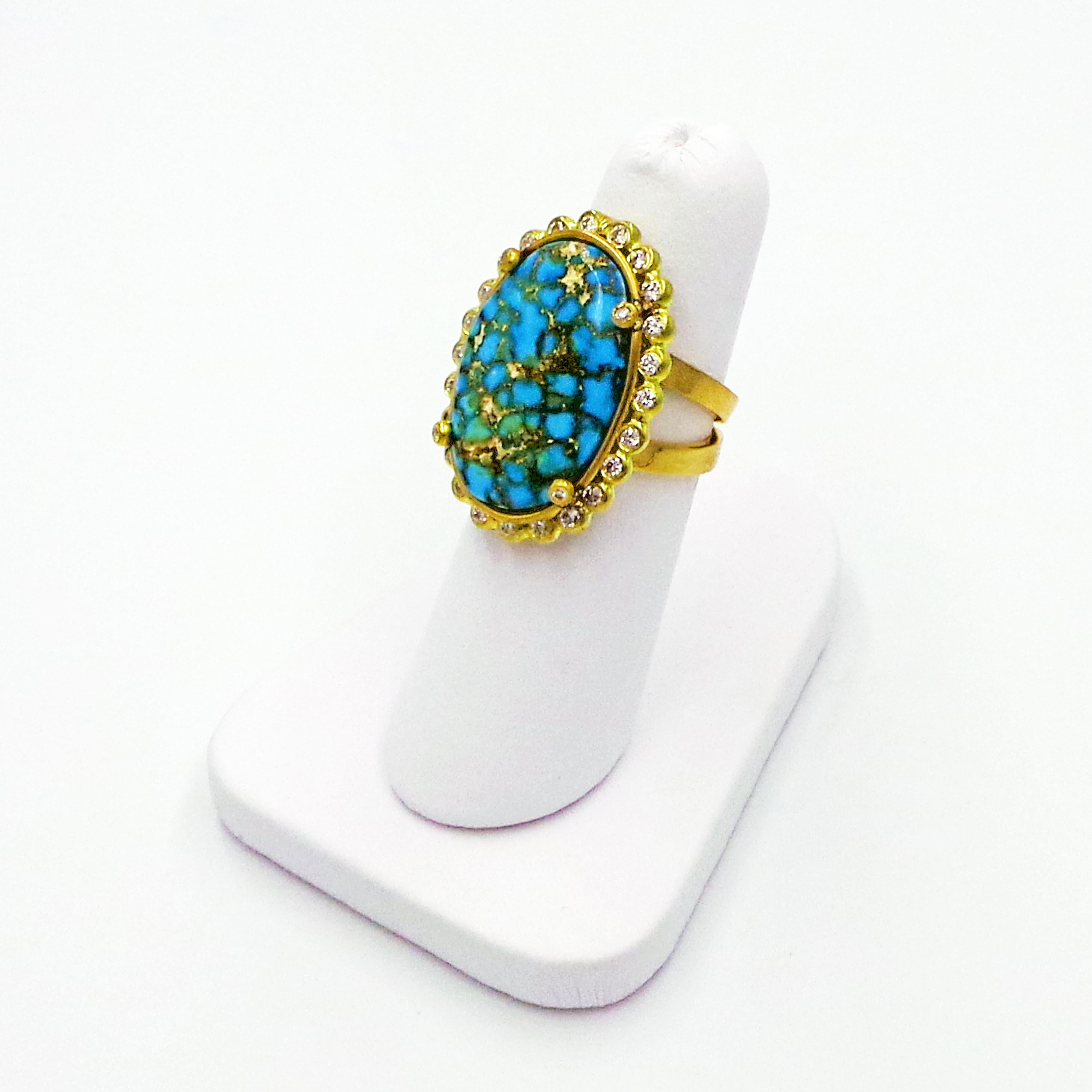 Women's 17.5 Carat Turquoise Mountain Gem and Diamond Halo Hand-Forged 22k Gold Ring