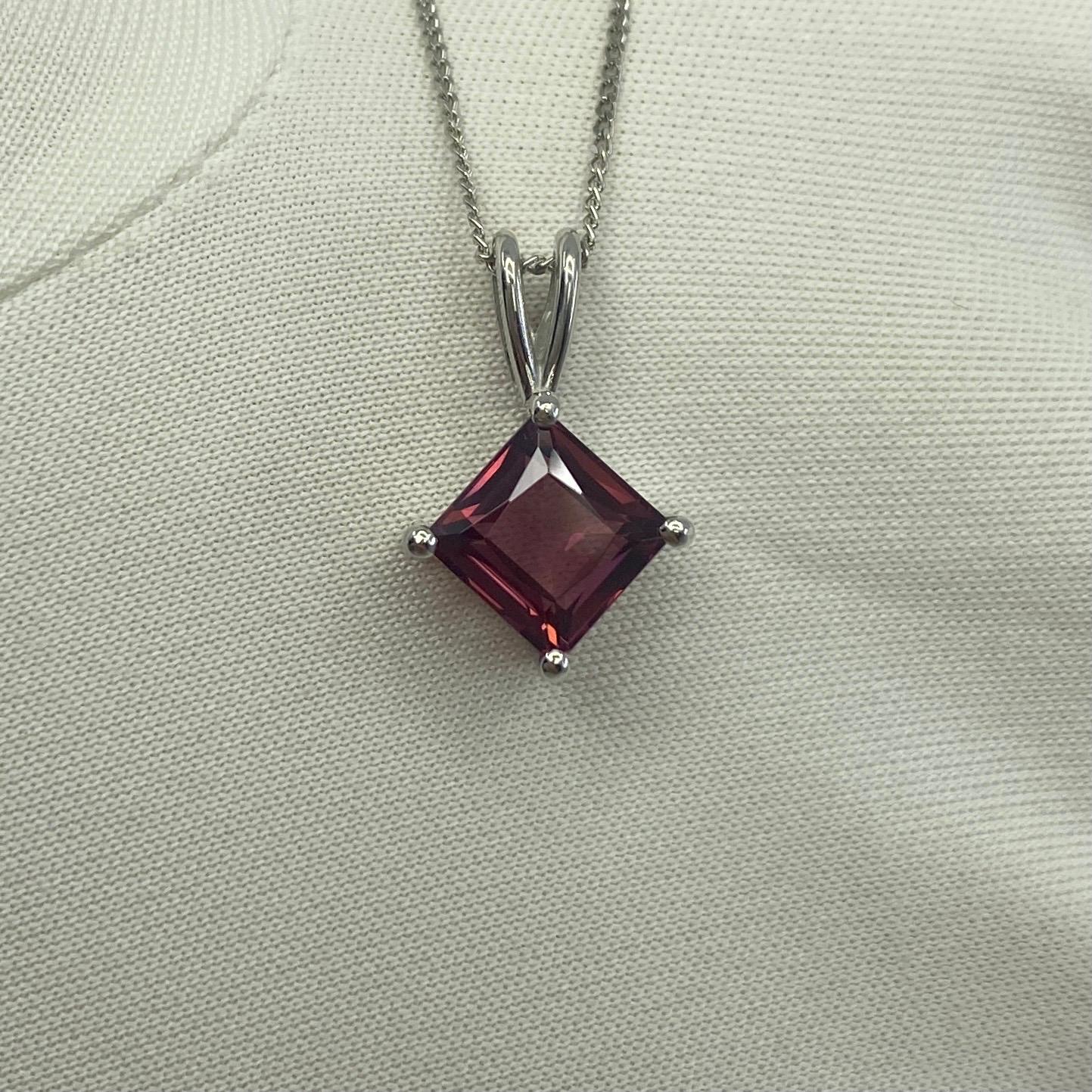 Fine Square Cut Rhodolite Garnet Platinum Pendant Necklace.

1.75 Carat Rhodolite with a stunning pink purple colour and excellent clarity, very clean stone with only some small natural inclusions visible when looking closely. Set in a fine 950