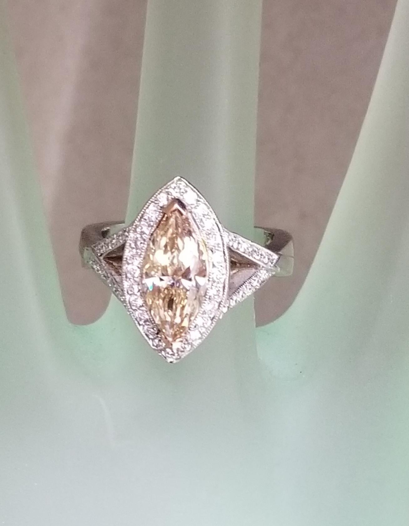 1.75 Carat Yellow Brown Treated Marquise Diamond in Split Shank Halo In New Condition For Sale In Los Angeles, CA
