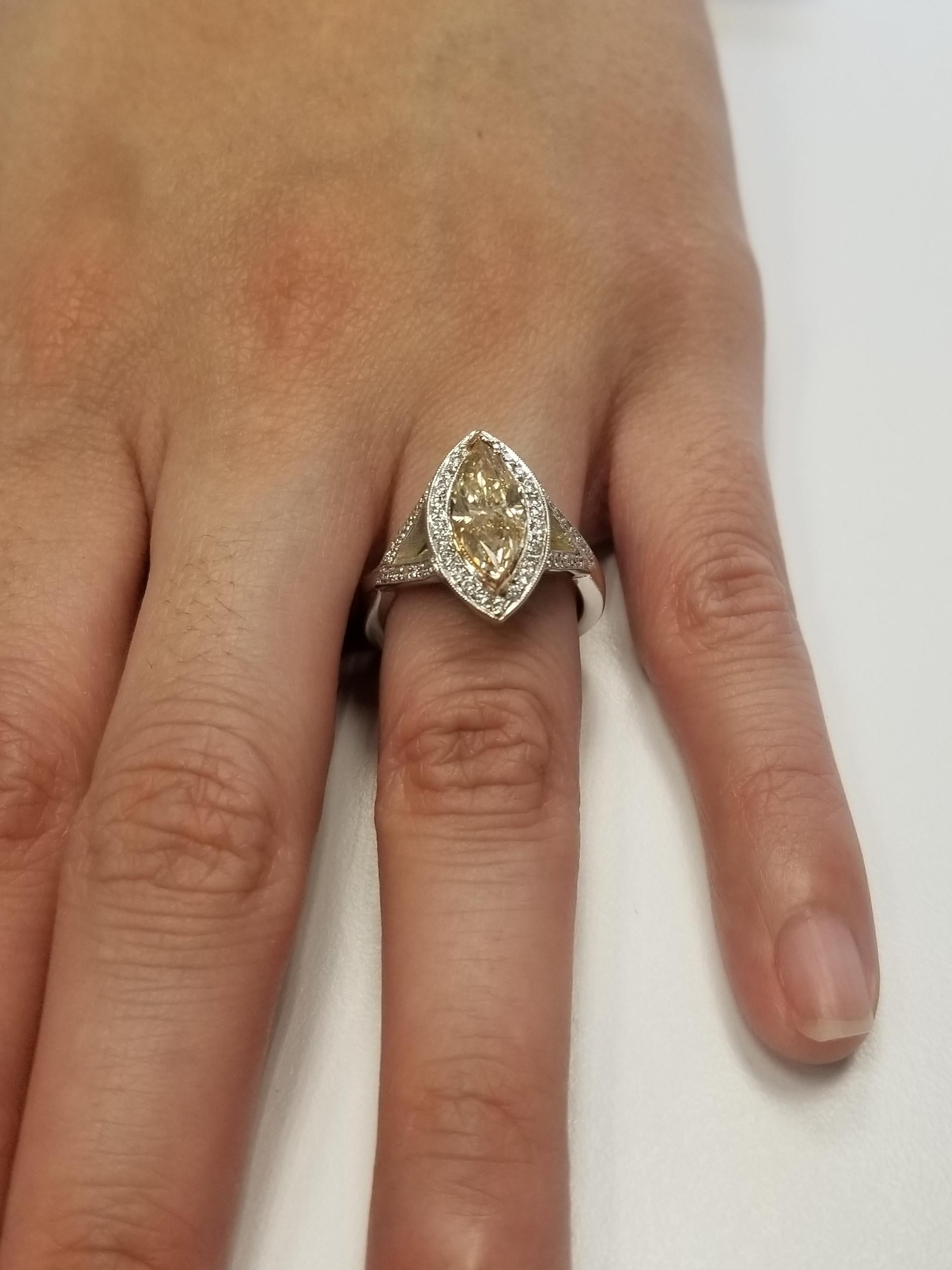 1.75 Carat Yellow Brown Treated Marquise Diamond in Split Shank Halo For Sale 1