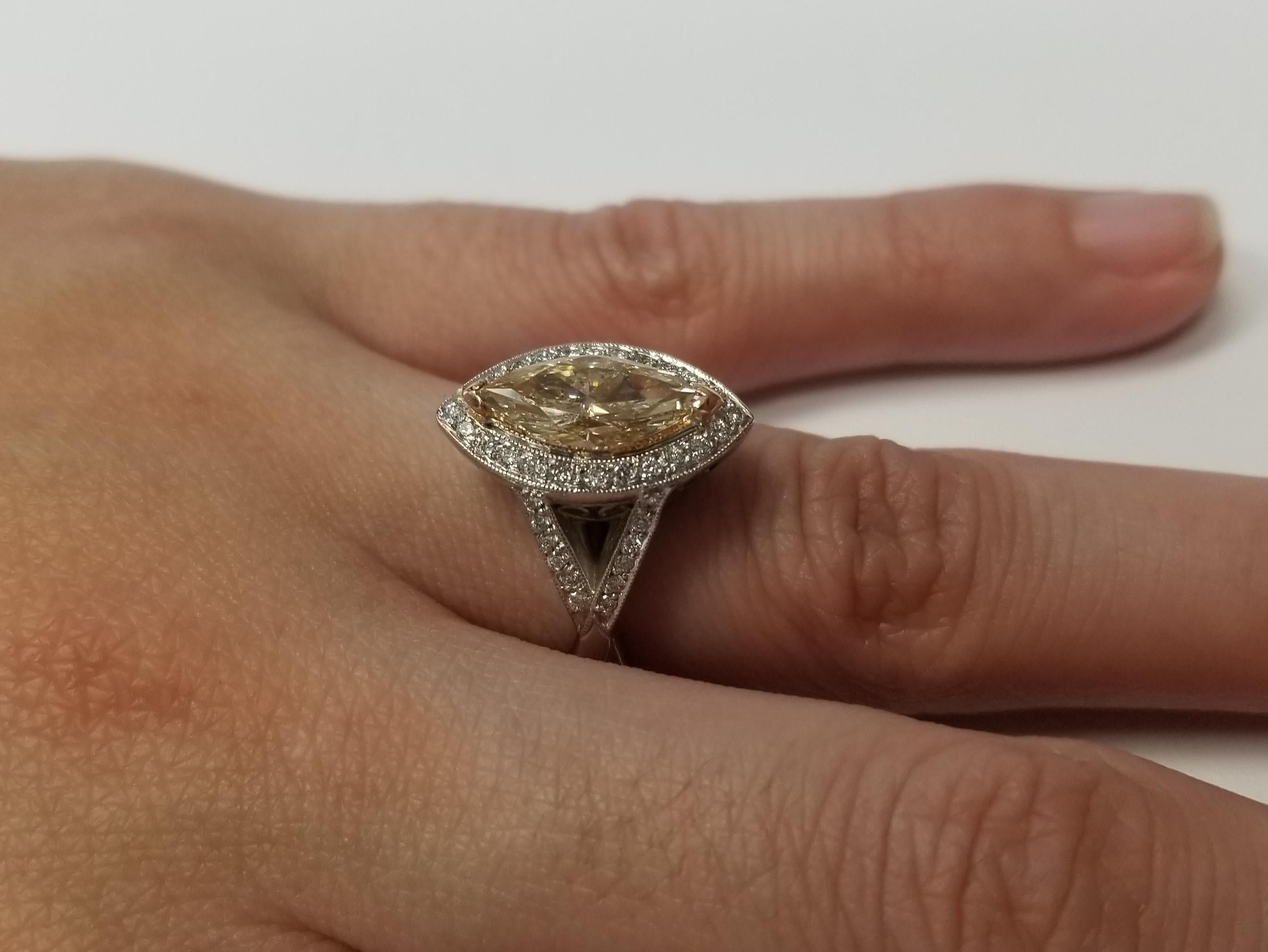 1.75 Carat Yellow Brown Treated Marquise Diamond in Split Shank Halo In New Condition In Los Angeles, CA