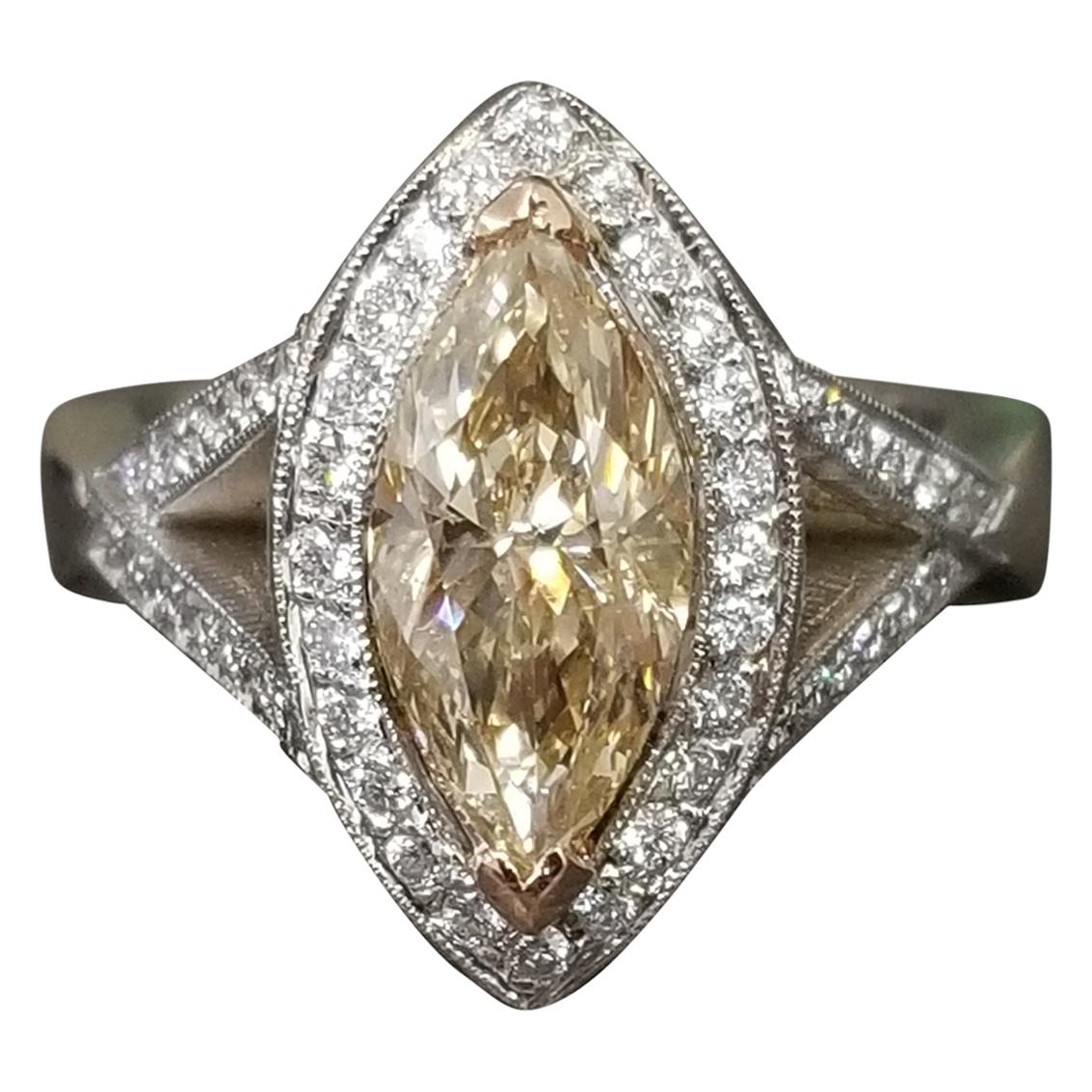 1.75 Carat Yellow Brown Treated Marquise Diamond in Split Shank Halo