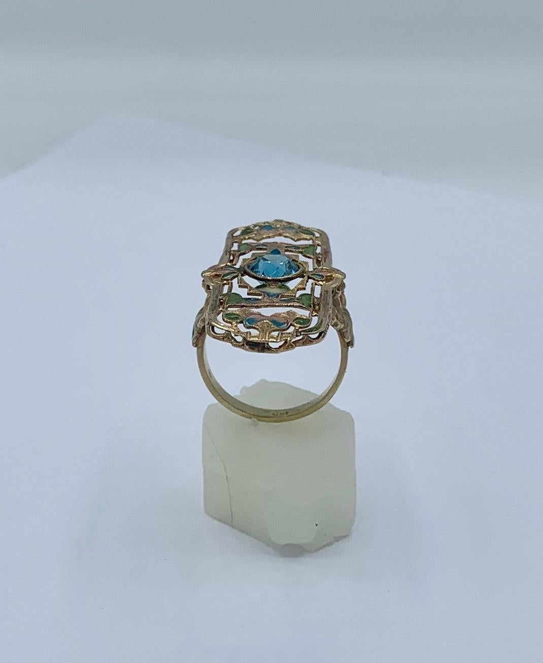 1.75 Carat Zircon Plique a Jour Enamel Art Nouveau Ring Magnificent Antique Gold For Sale 2