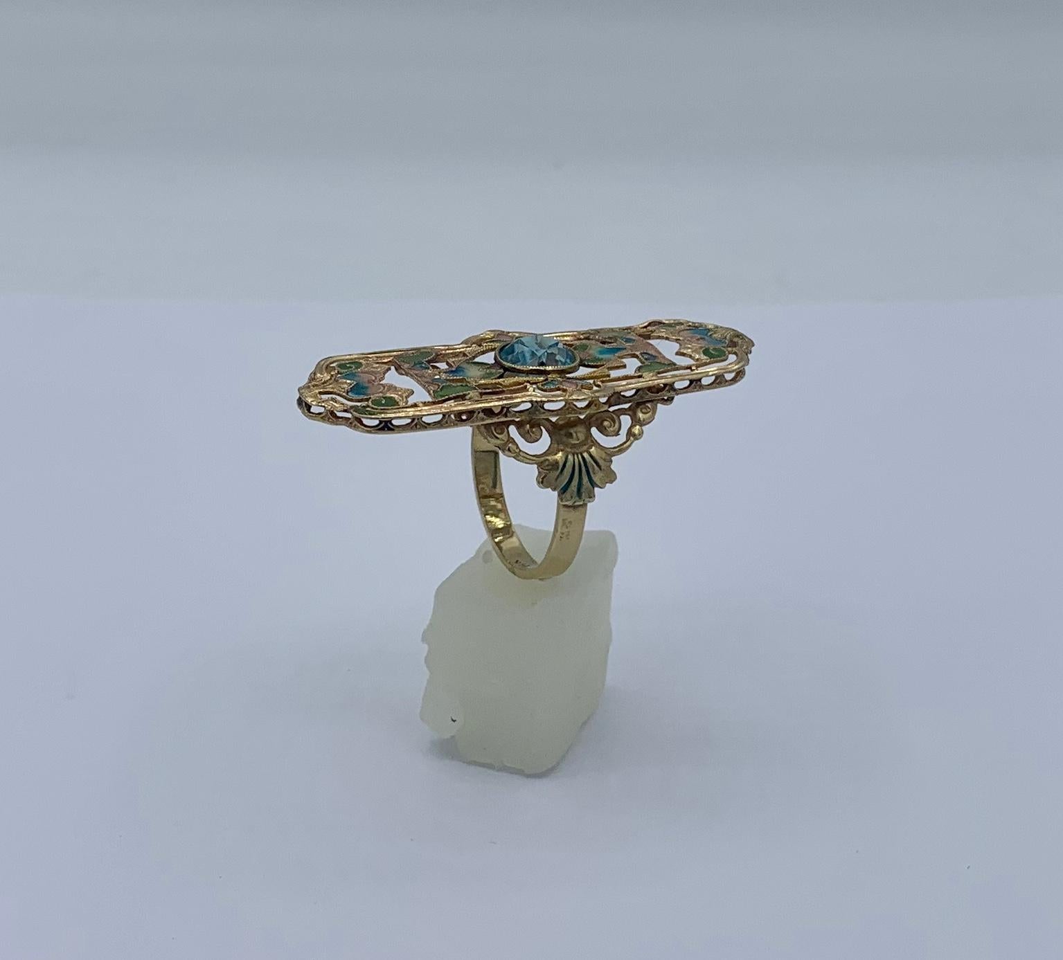 1.75 Carat Zircon Plique a Jour Enamel Art Nouveau Ring Magnificent Antique Gold For Sale 3