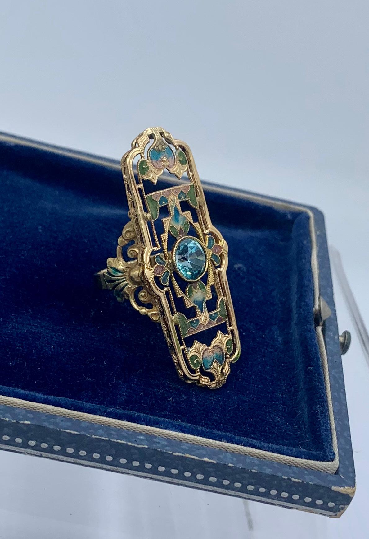 1.75 Carat Zircon Plique a Jour Enamel Art Nouveau Ring Magnificent Antique Gold For Sale 4