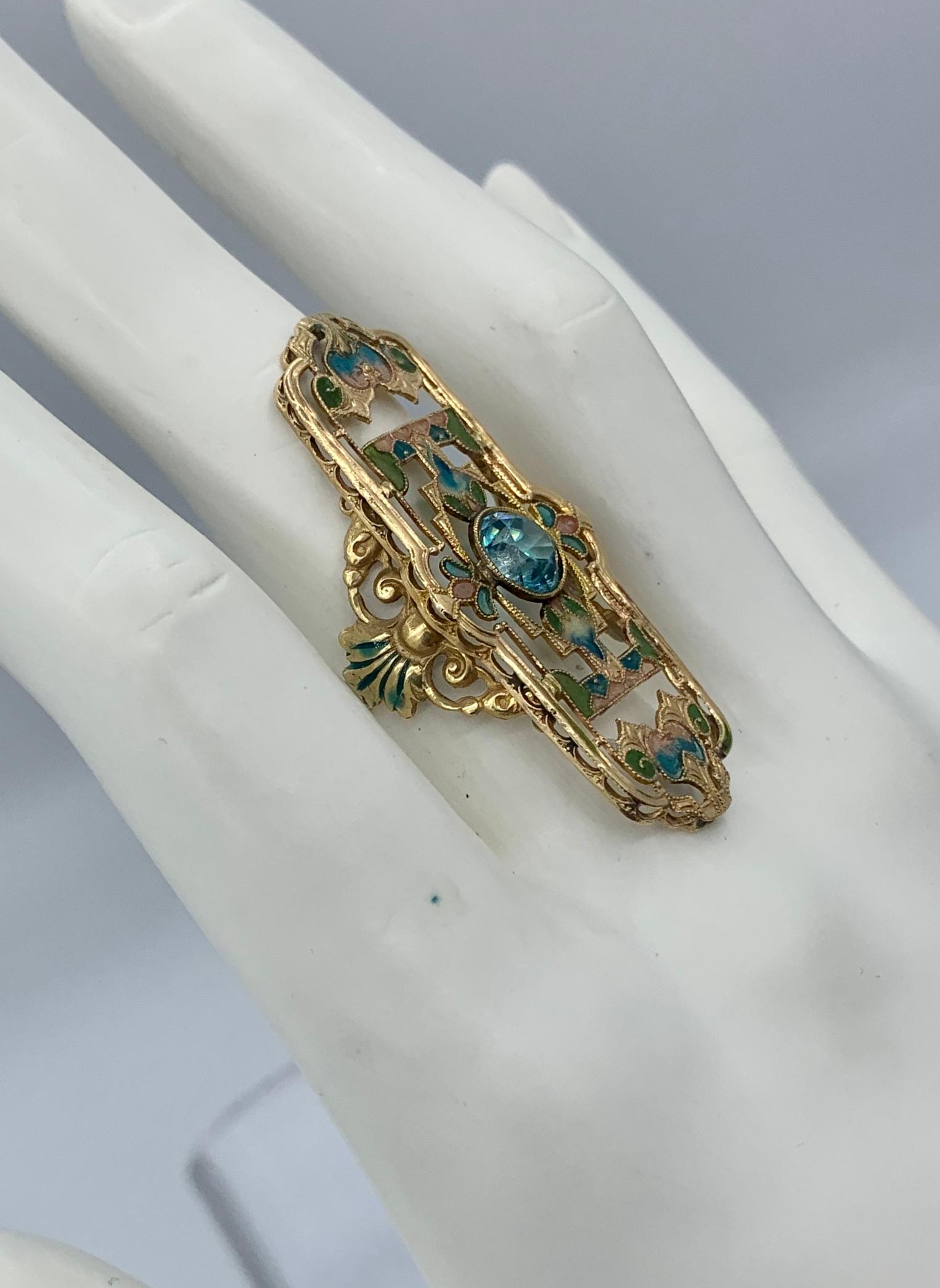 Round Cut 1.75 Carat Zircon Plique a Jour Enamel Art Nouveau Ring Magnificent Antique Gold For Sale