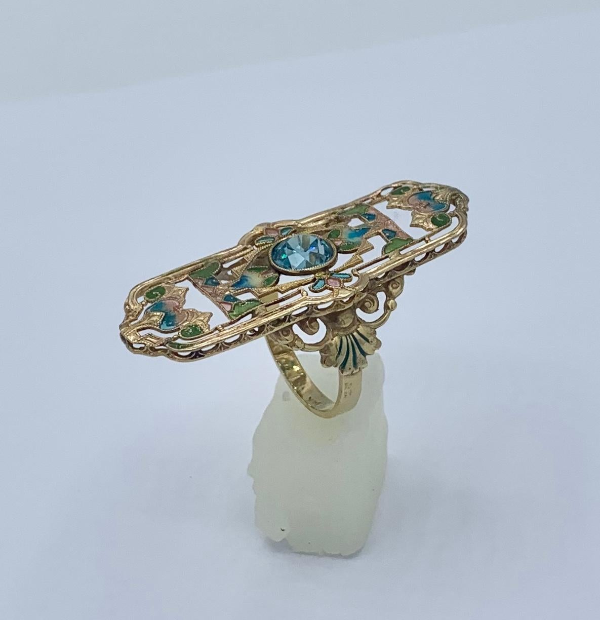 1.75 Carat Zircon Plique a Jour Enamel Art Nouveau Ring Magnificent Antique Gold In Good Condition For Sale In New York, NY