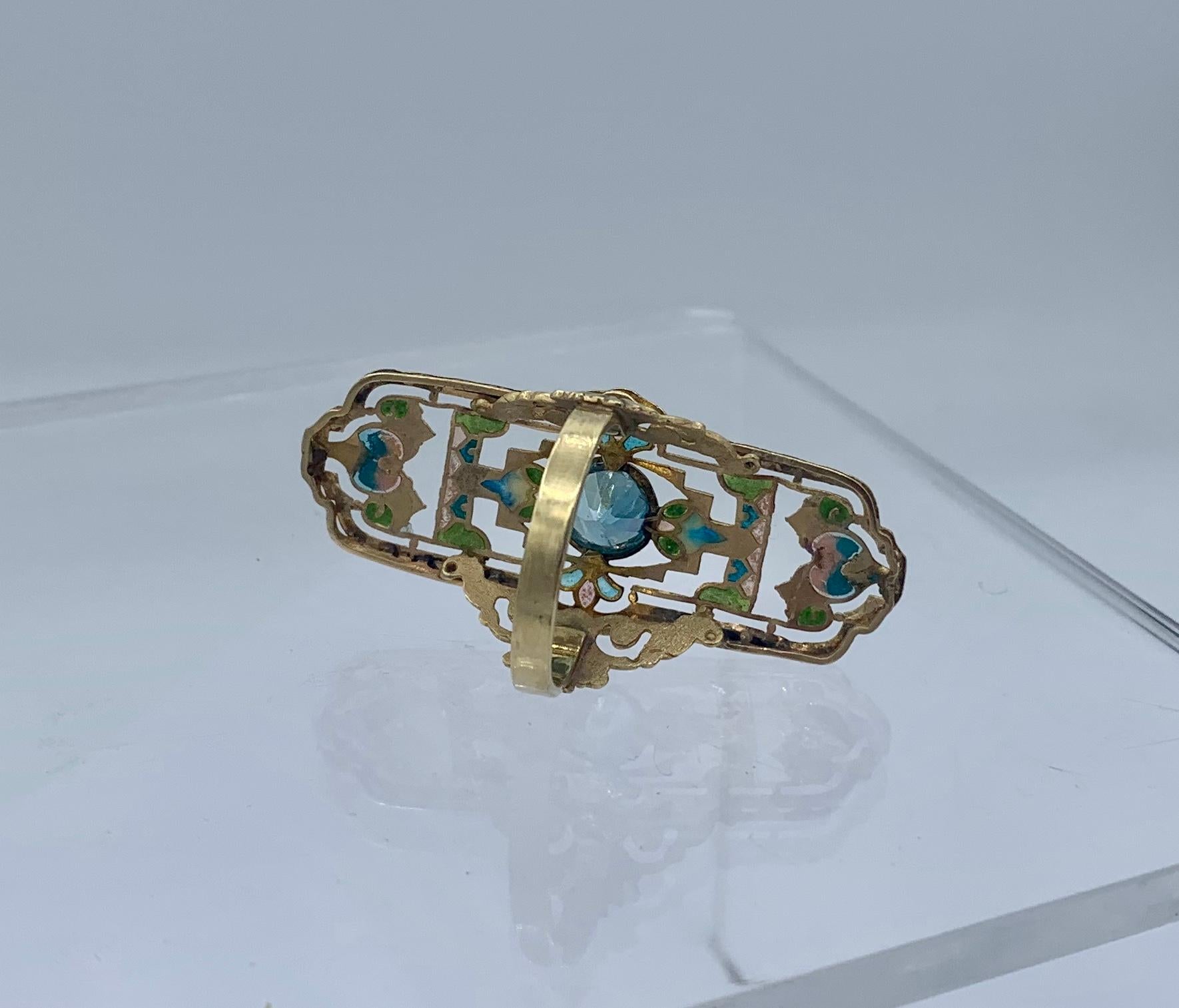 Women's 1.75 Carat Zircon Plique a Jour Enamel Art Nouveau Ring Magnificent Antique Gold For Sale
