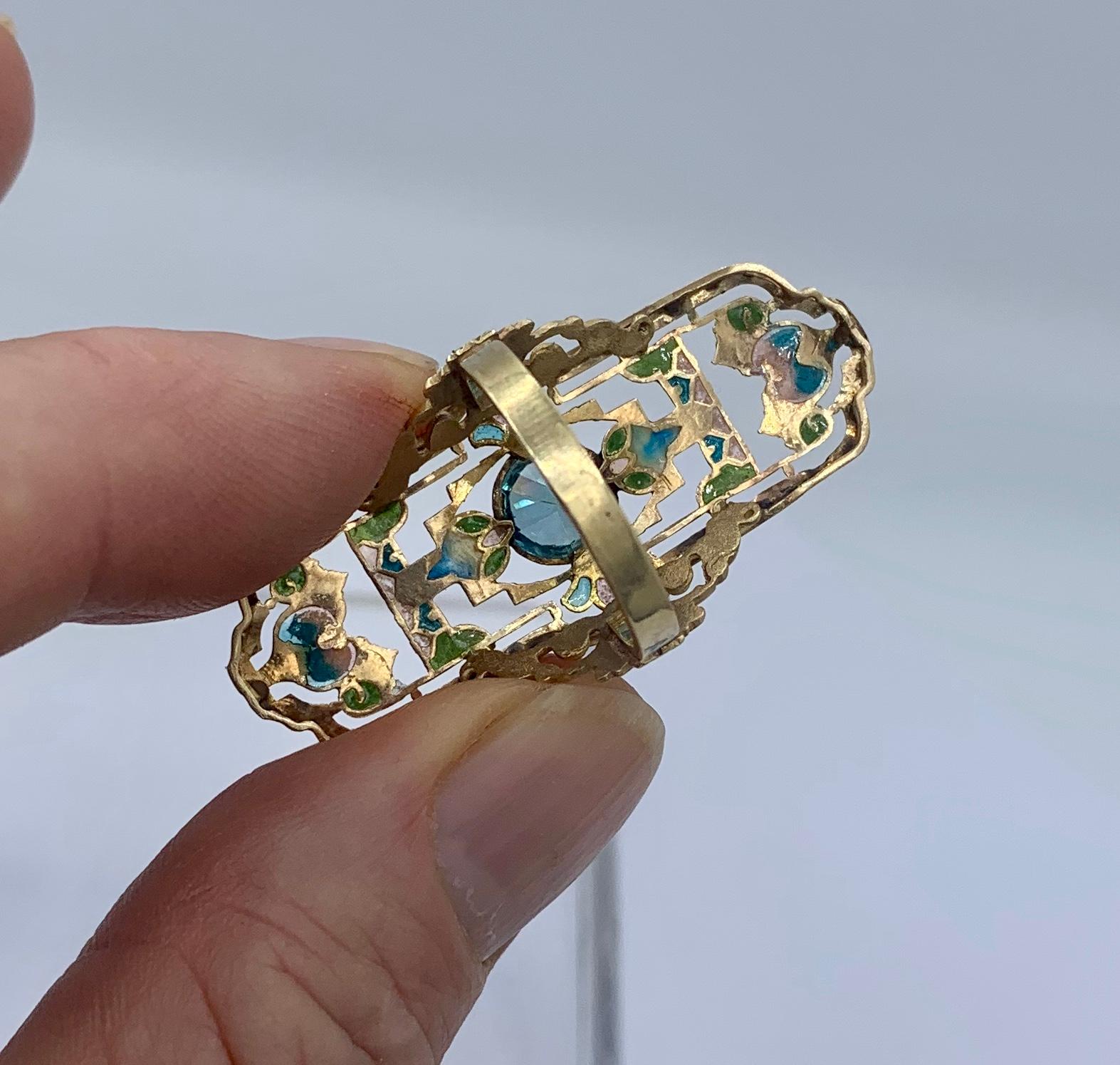 1.75 Carat Zircon Plique a Jour Enamel Art Nouveau Ring Magnificent Antique Gold For Sale 1