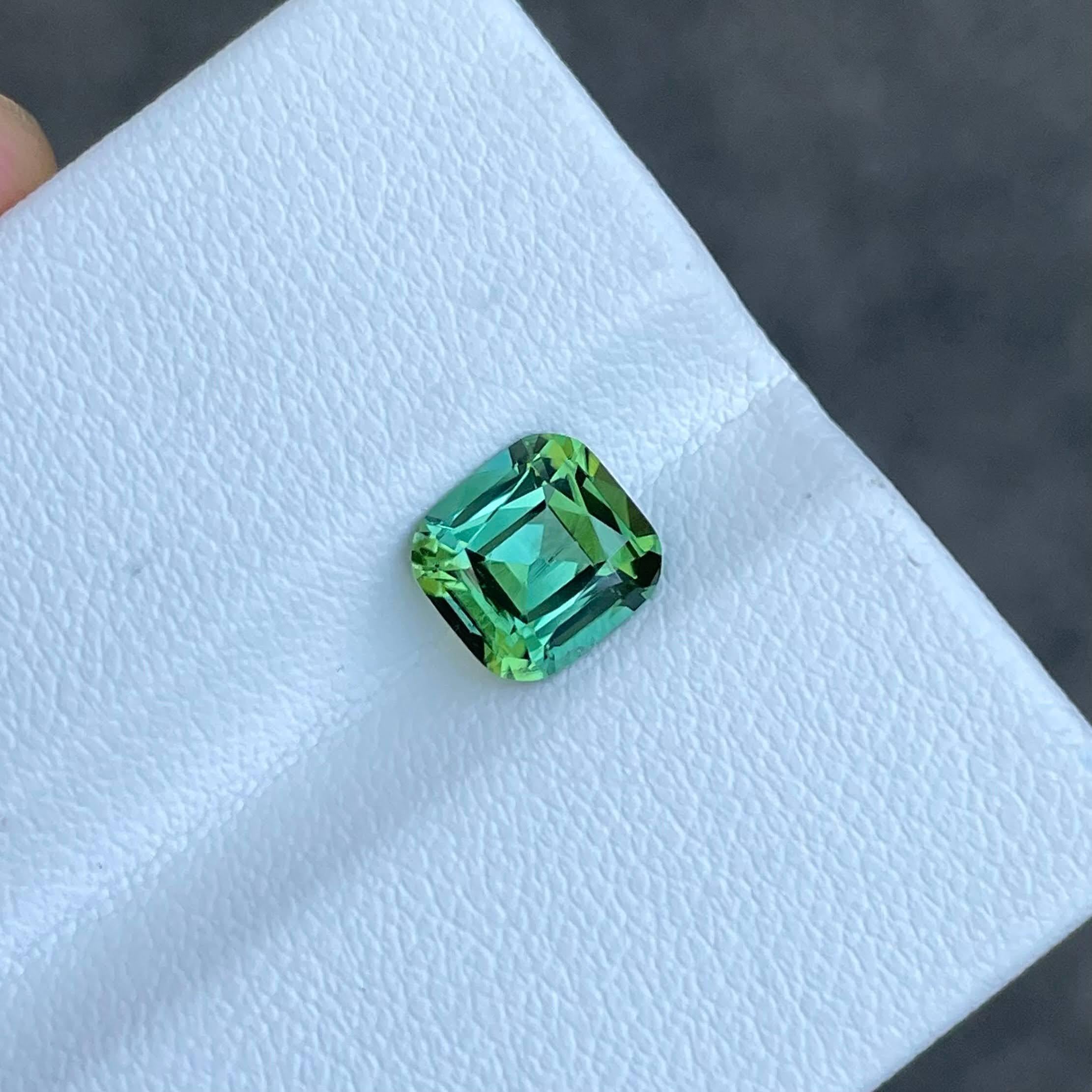 Weight 1.75 carats 
Dimensions 7.6x7.2x4.7 mm
Treatment none 
Origin Afghanistan 
Clarity VVS
Shape cushion 
Cut fancy cushion 





Behold the exquisite allure of a 1.75 carat Mint Green Tourmaline, skillfully fashioned into a Fancy Cushion Cut,
